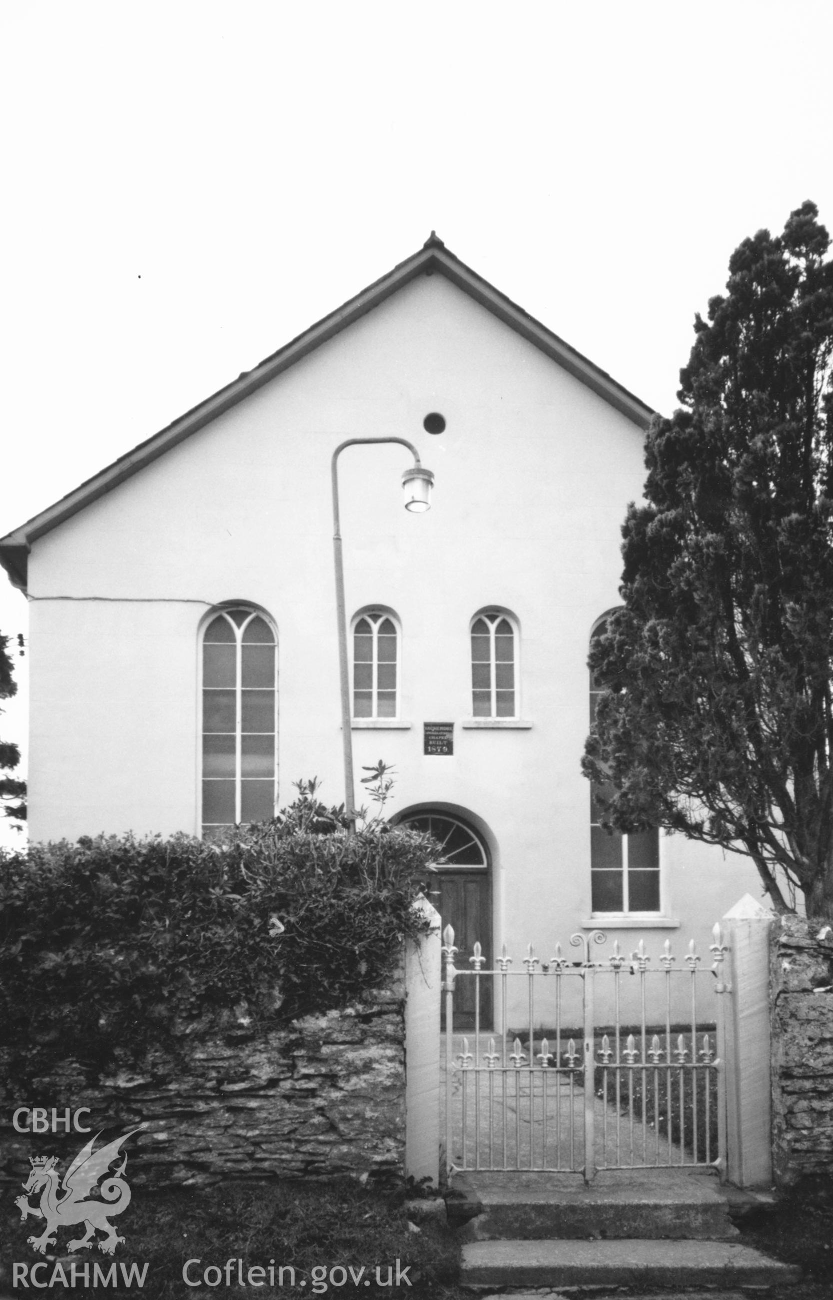 Digital copy of a black and white photograph showing a view of Fachendre Welsh Independent Chapel, Boncath, taken by Robert Scourfield, c.1996.