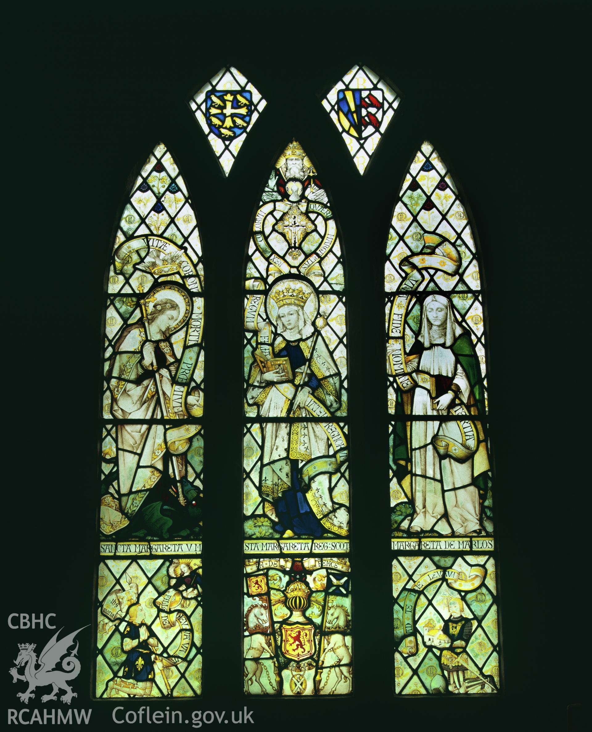Colour transparency showing stained glass window at St Margarets Church, Eglwyscummin, produced by Iain Wright, June 2004