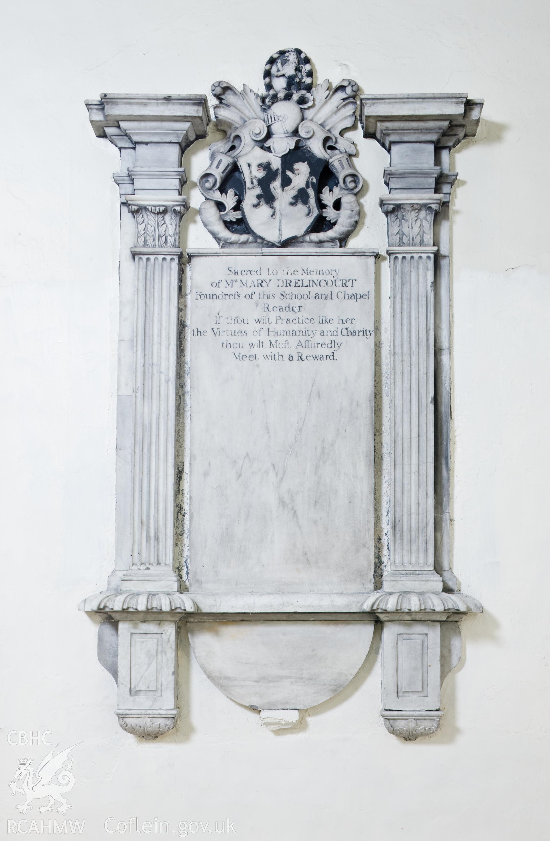 Memorial to Mrs Mary Drelincourt, foundress.