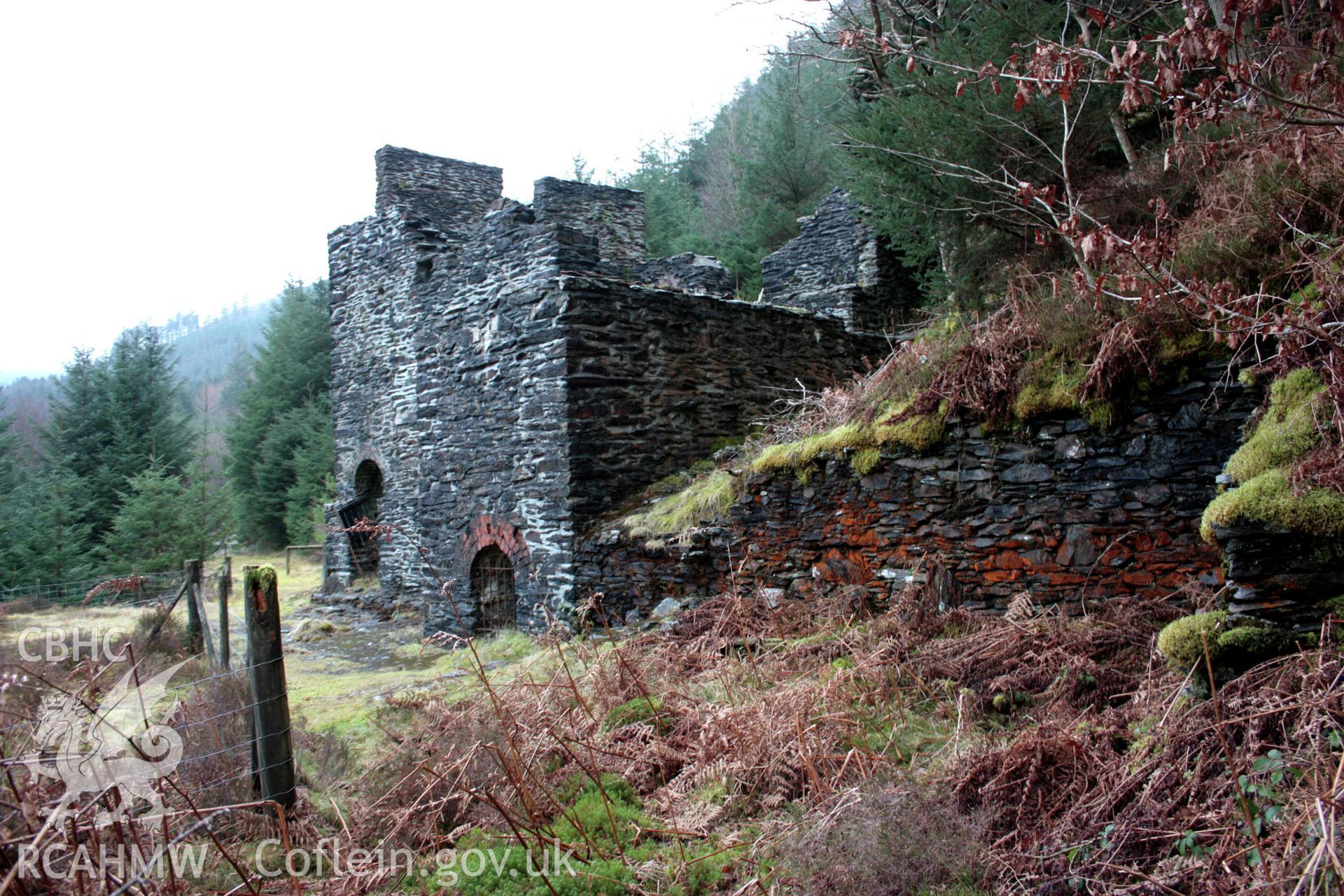 Ystrad Einion metal mine.  Looking south to wheel pit 2.  Wheel 2 (9.14m diameter) powered the stonebreaker and crusher housed in the adjacent crusher house.