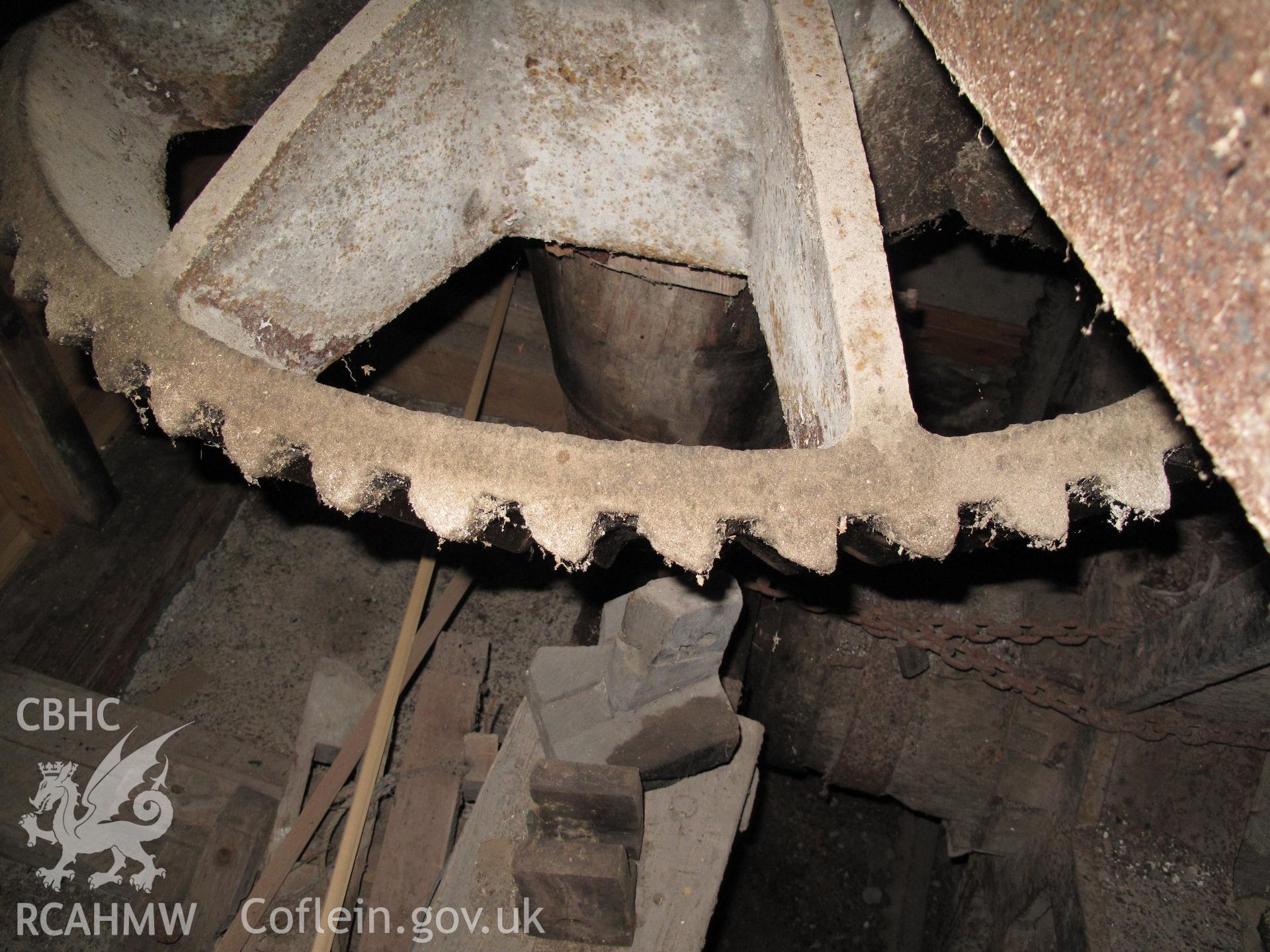 Detail of wallower angled teeth, Rhyd-hir Corn Mill, taken by Brian Malaws on 16 October 2010.
