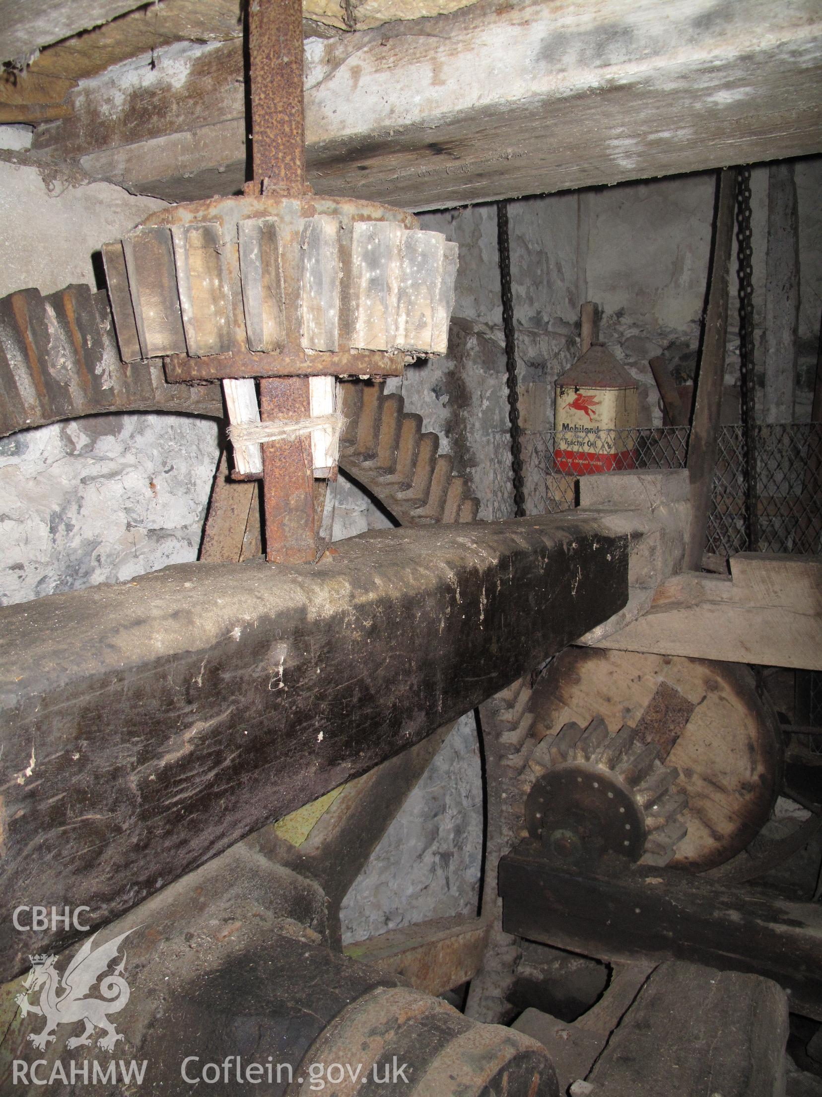 Melin Llecheiddior south waterwheel pit-wheel, stone drive and sack-hoist drive, taken by Brian Malaws on 13 March 2010.