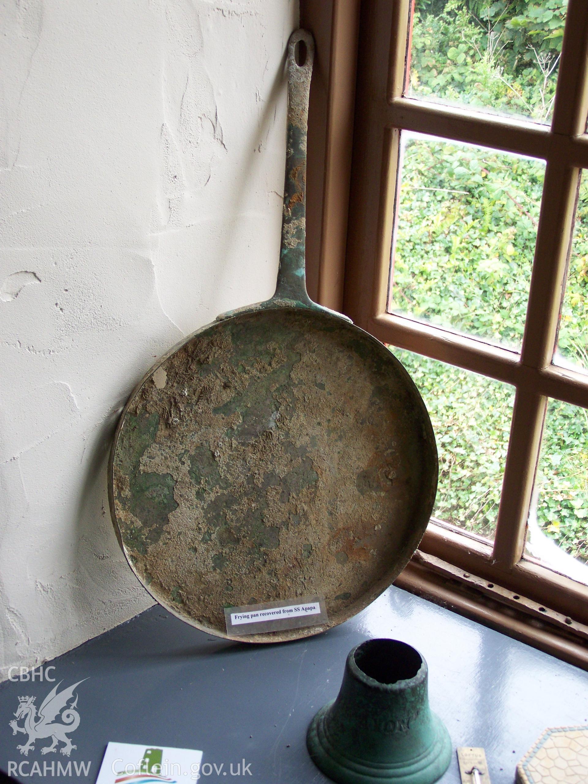 A large frying pan recovered from the APAPA and on display at the Sail Loft, Amlwch Visitor Centre.
