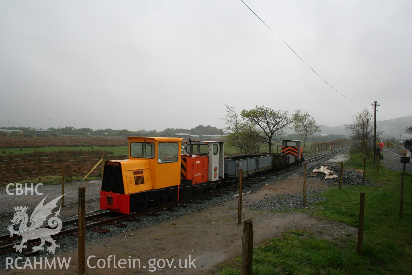 Works train near Gelert's Halt, Welsh Highland Heritage Railway, taken by Brian Malaws on 04 May 2008.