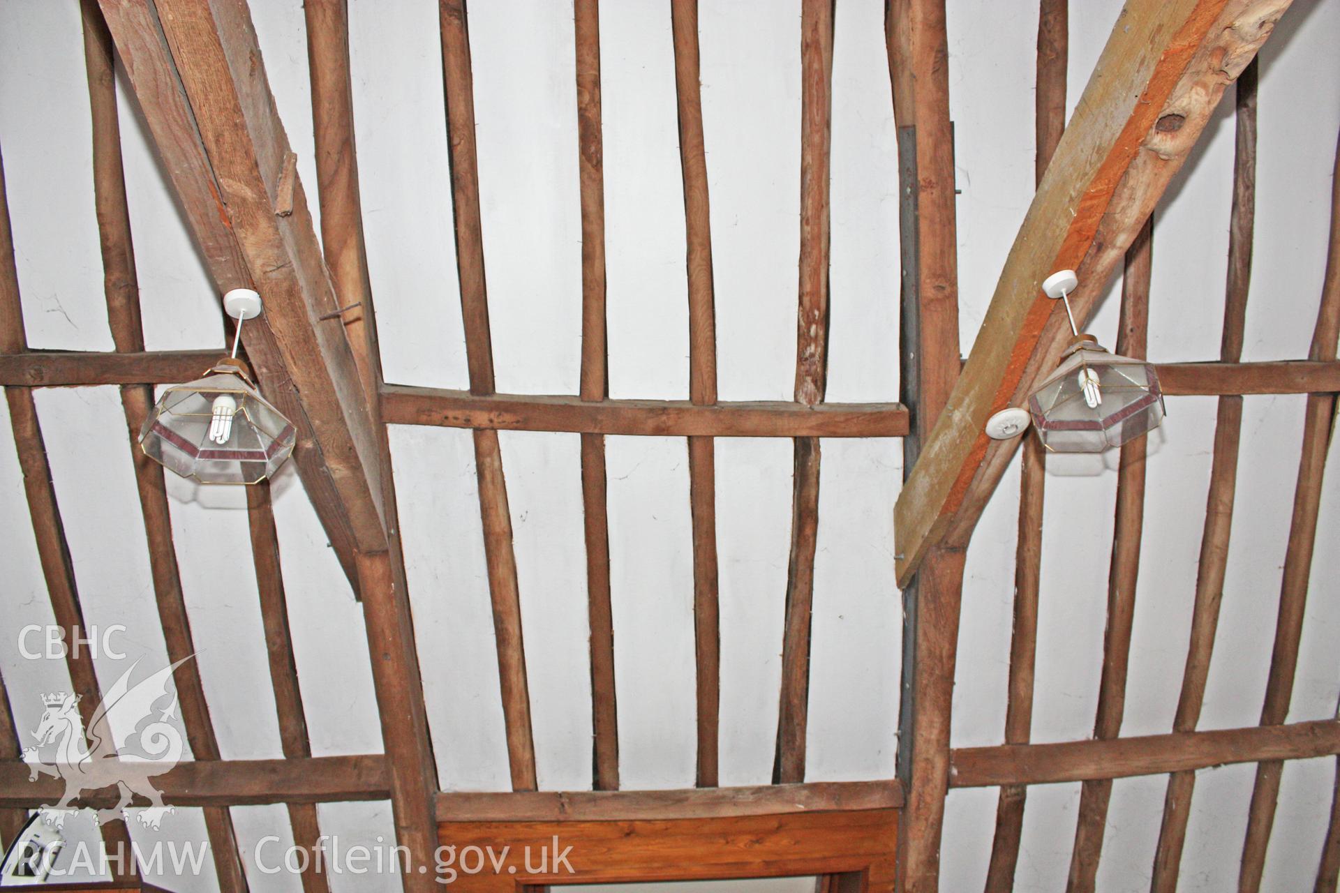 Glantywi House bakehouse, interior view, alternate tenon purlins.