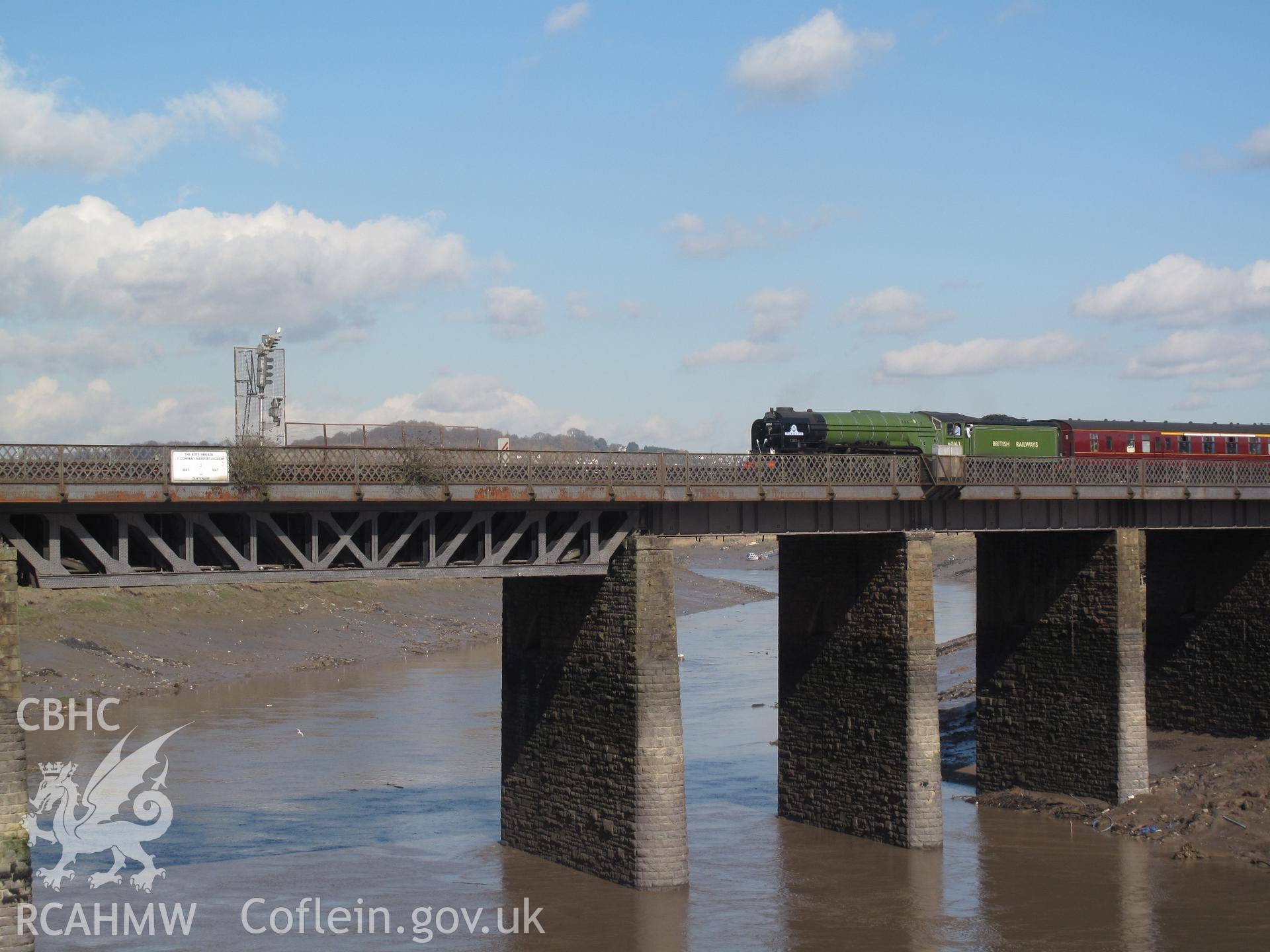 Usk Railway Bridge, Newport, from the southwest, with A1 no.60136 'Tornado' on the St Davids Day Cathedrals Express, taken by Brian Malaws on 01 March 2010.