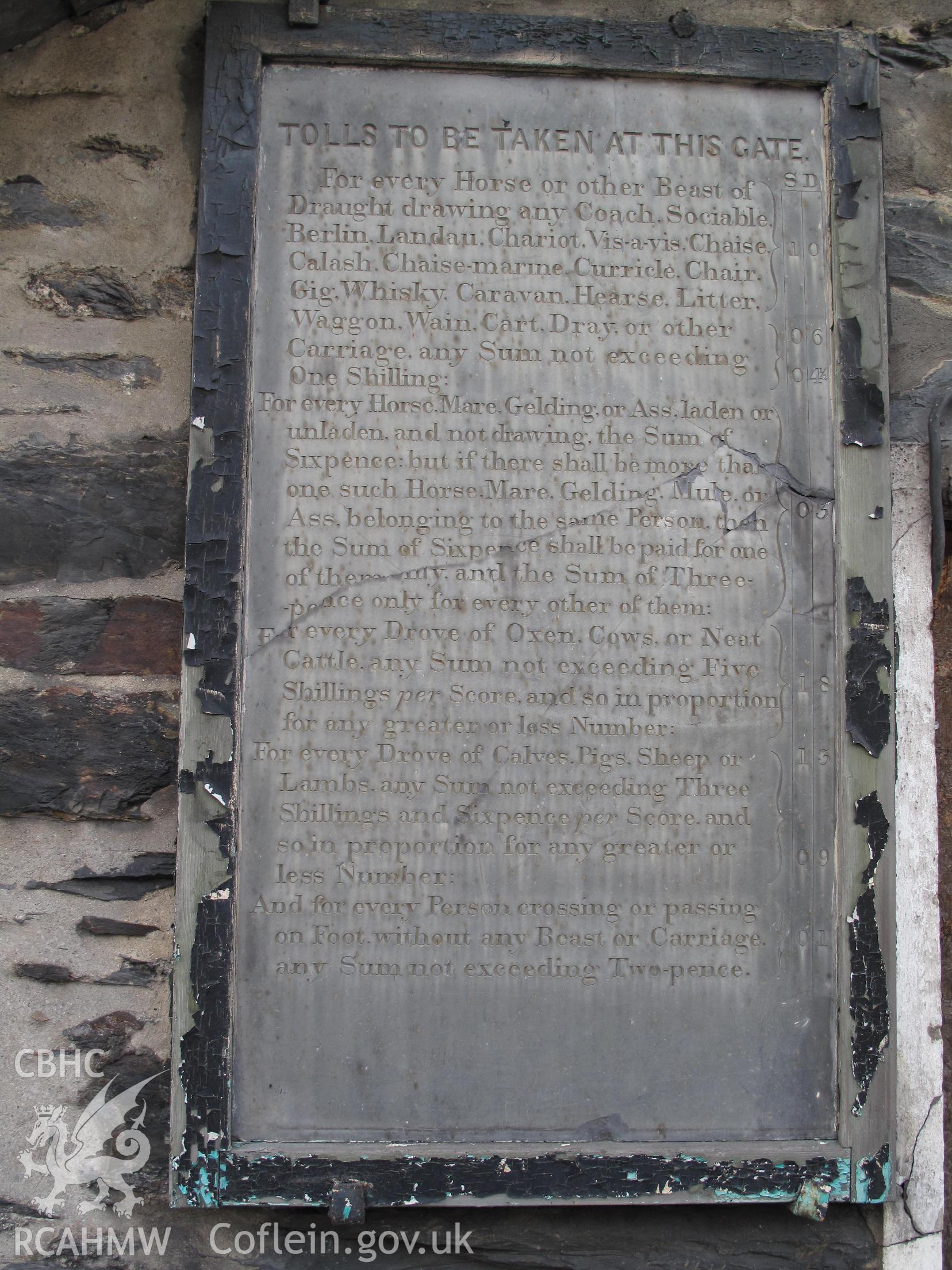 Slate tollboard, Rebecca Tollgate, taken by Brian Malaws on 23 April 2009.
