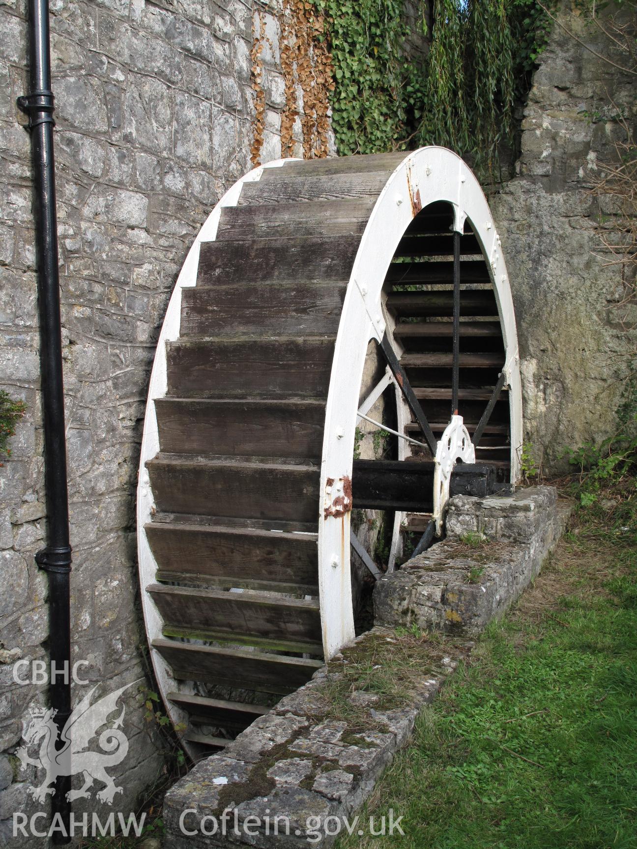 Llancarfan Corn Mill overshot waterwheel from the west.