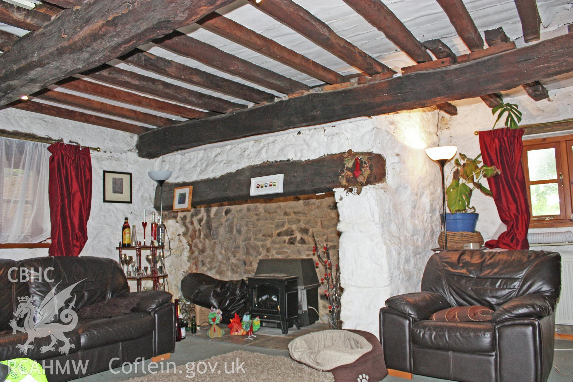 Glantywi House bakehouse, interior view, fireplace at west gable-end.
