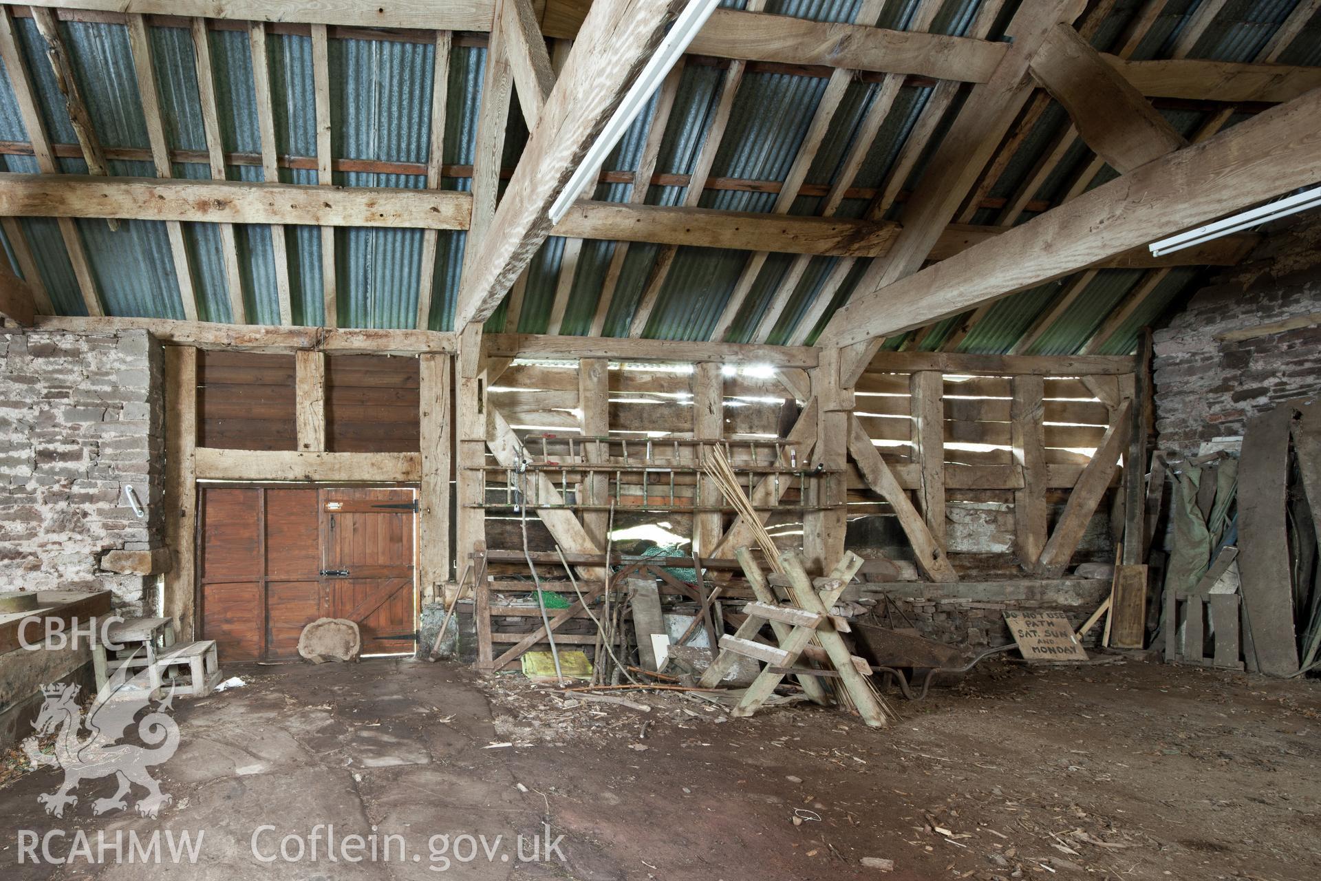 Barn, interior from the southwest. Little Llwygy, Iain Wright 12/01/2012.