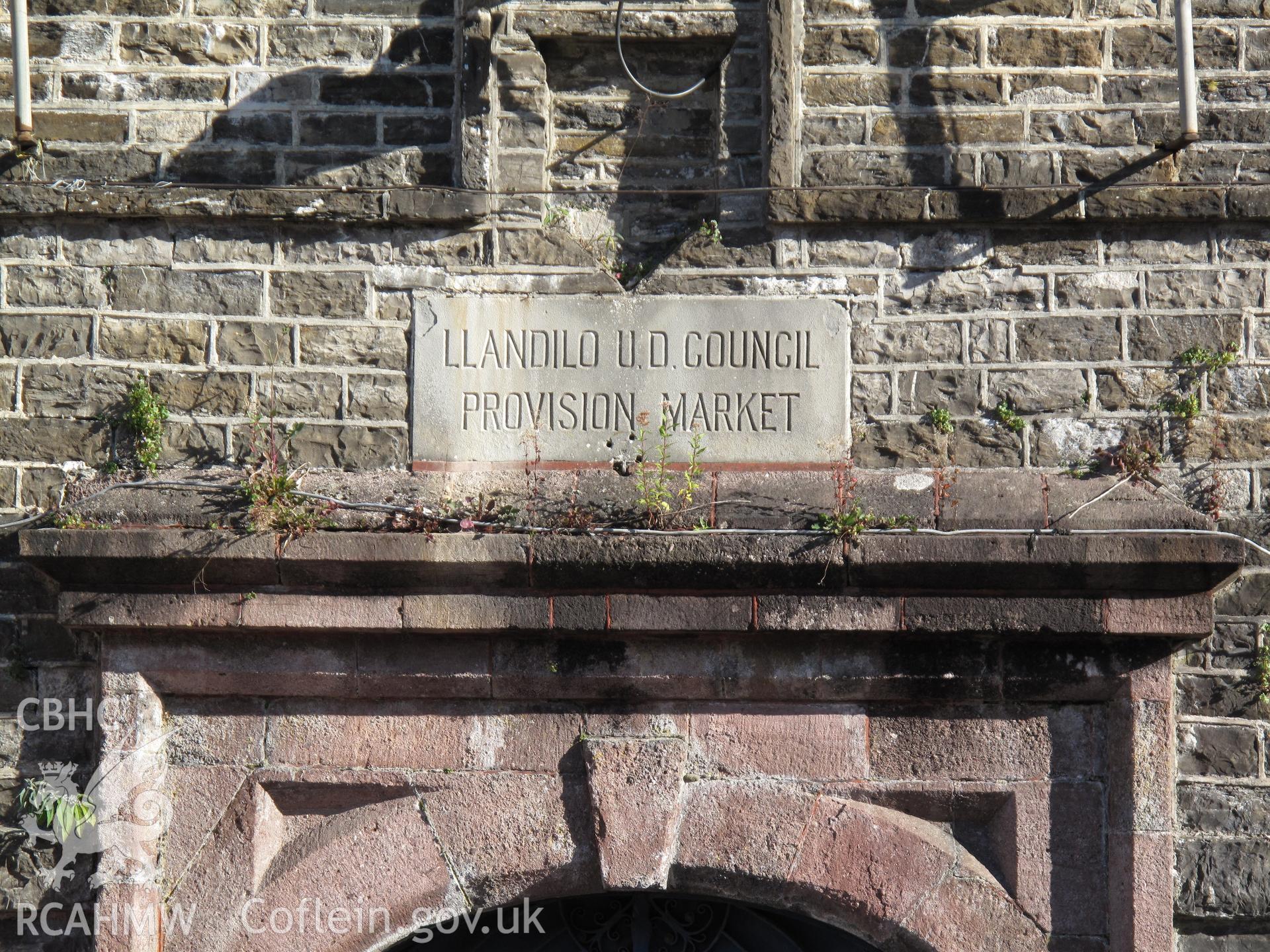 Detail of door tablet, Provisions Market, Llandeilo, taken by Brian Malaws on 20 October 2010.
