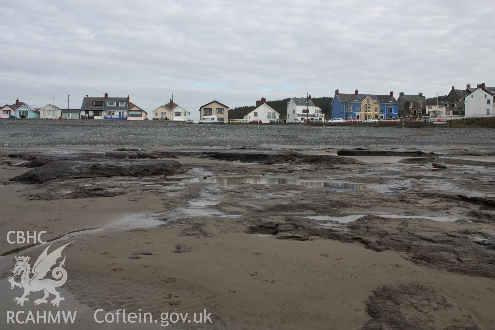 Borth submerged forest (between RNLI lifeboat station and upper Borth), looking east towards High Street. Showing peat deposits in foreground