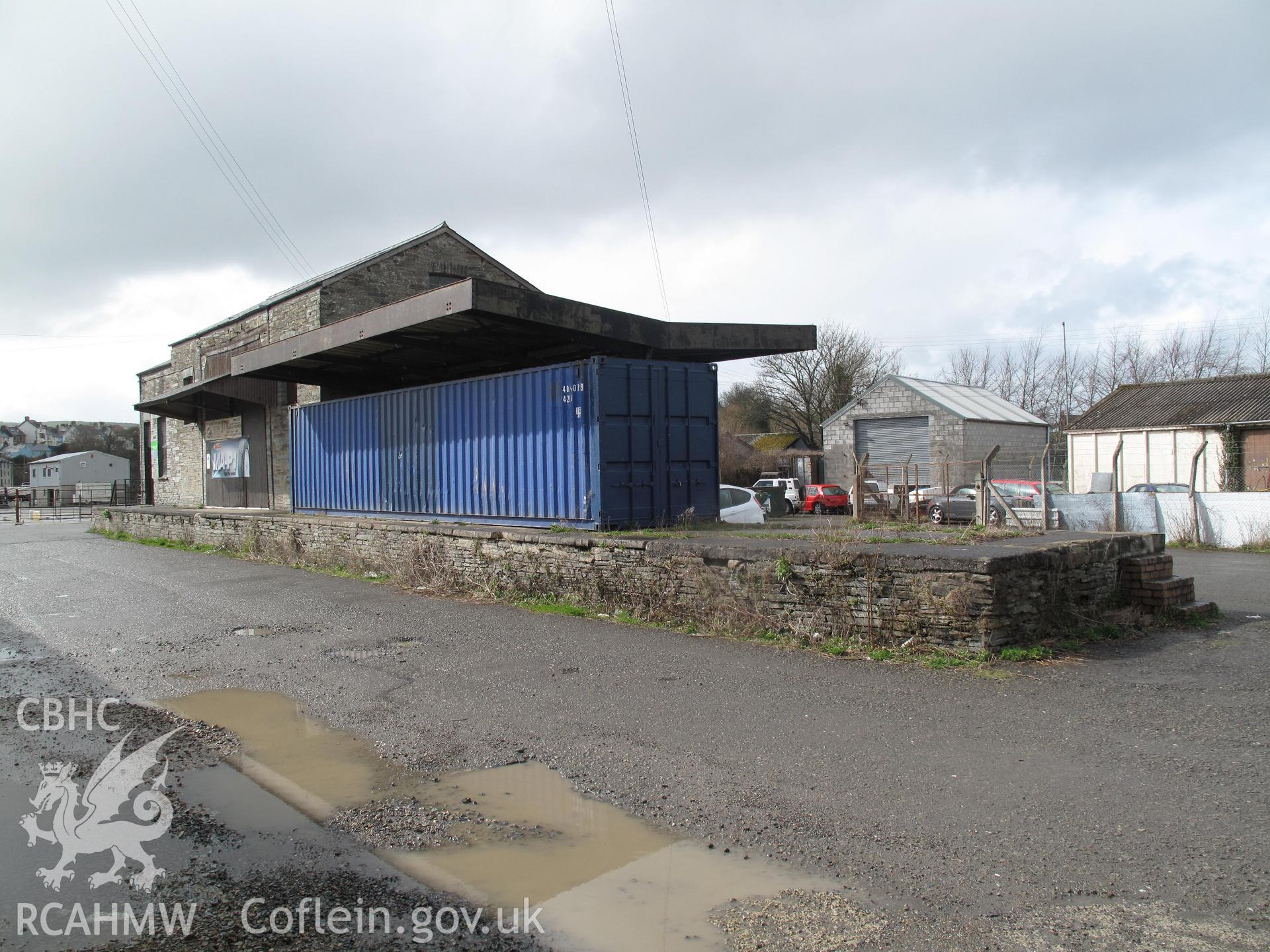 Goods Shed, Cardigan Railway Station, from the southeast, taken by Brian Malaws on 14 April 2010.