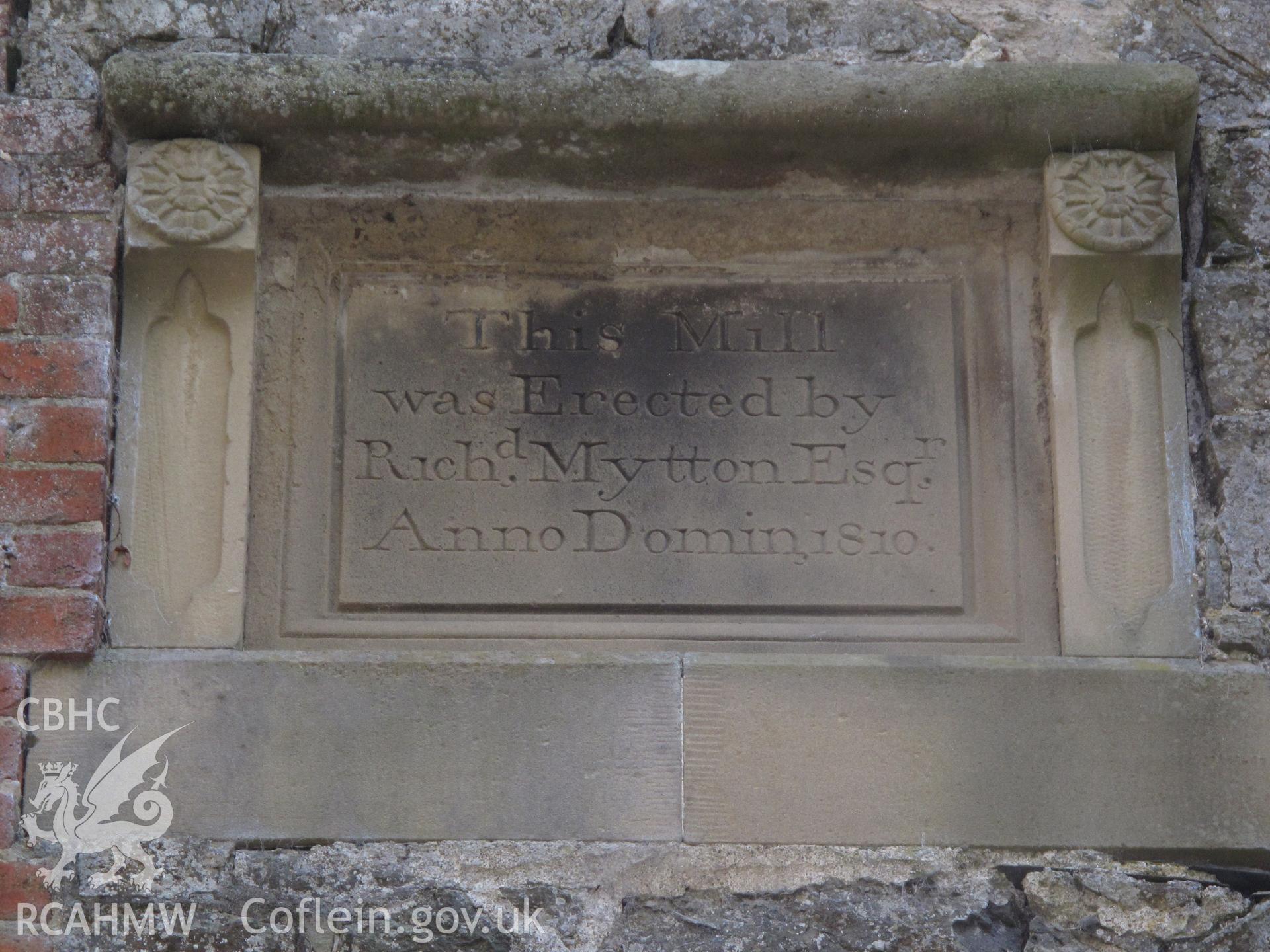 Wall tablet on Pontysgawrhyd Mill, taken by Hilary Malaws on 17 October 2009.