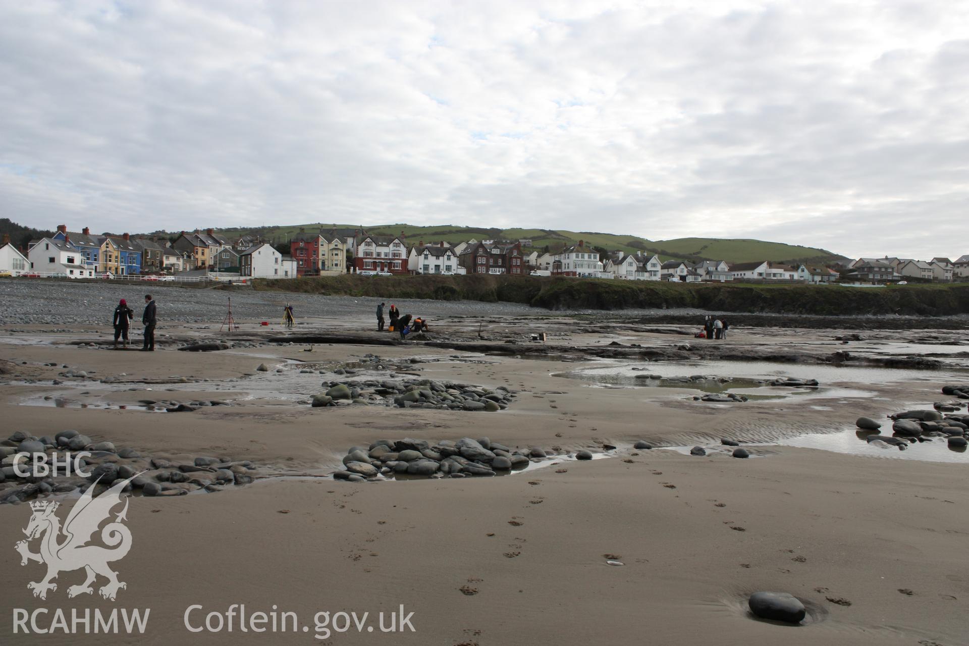 Borth submerged forest (between RNLI lifeboat station and upper Borth), looking southeast towards Clarach road. Showing general view of southeast section of peat exposures