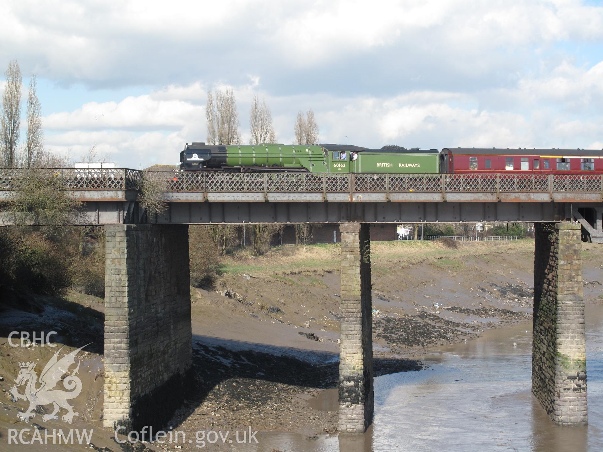Usk Railway Bridge, Newport, from the south, with A1 no.60136 'Tornado' on the St Davids Day Cathedrals Express, taken by Brian Malaws on 01 March 2010.