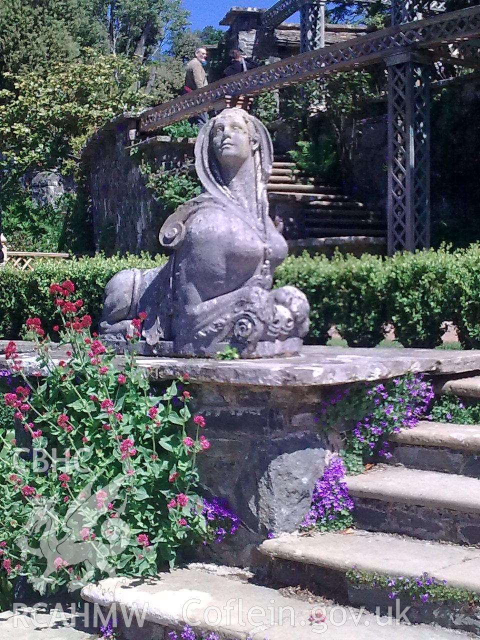 Female sphynx guarding the steps from the Pin Mill Terrace up to the Lilly Pond terrace.