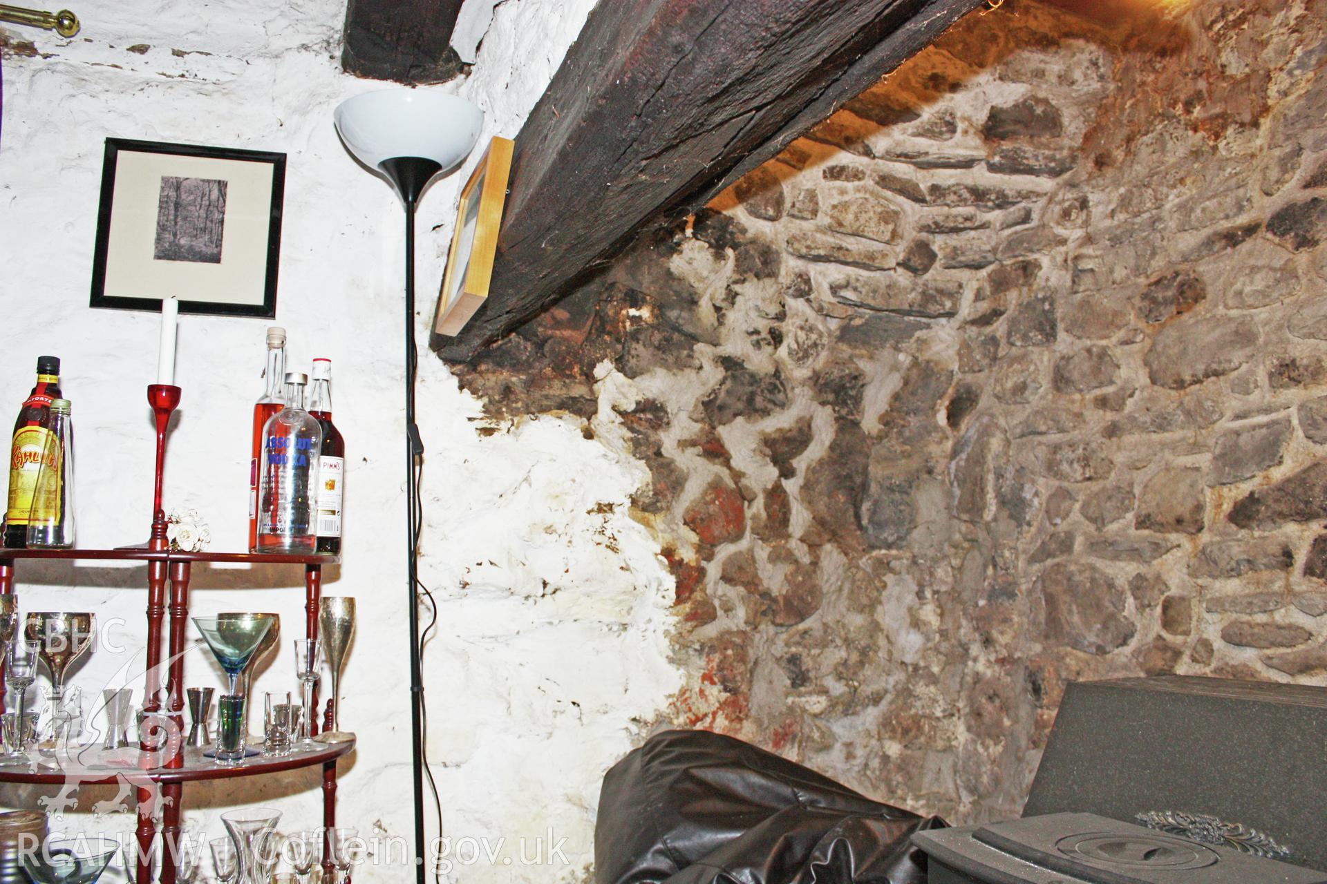 Glantywi House bakehouse, interior view, fireplace detail.