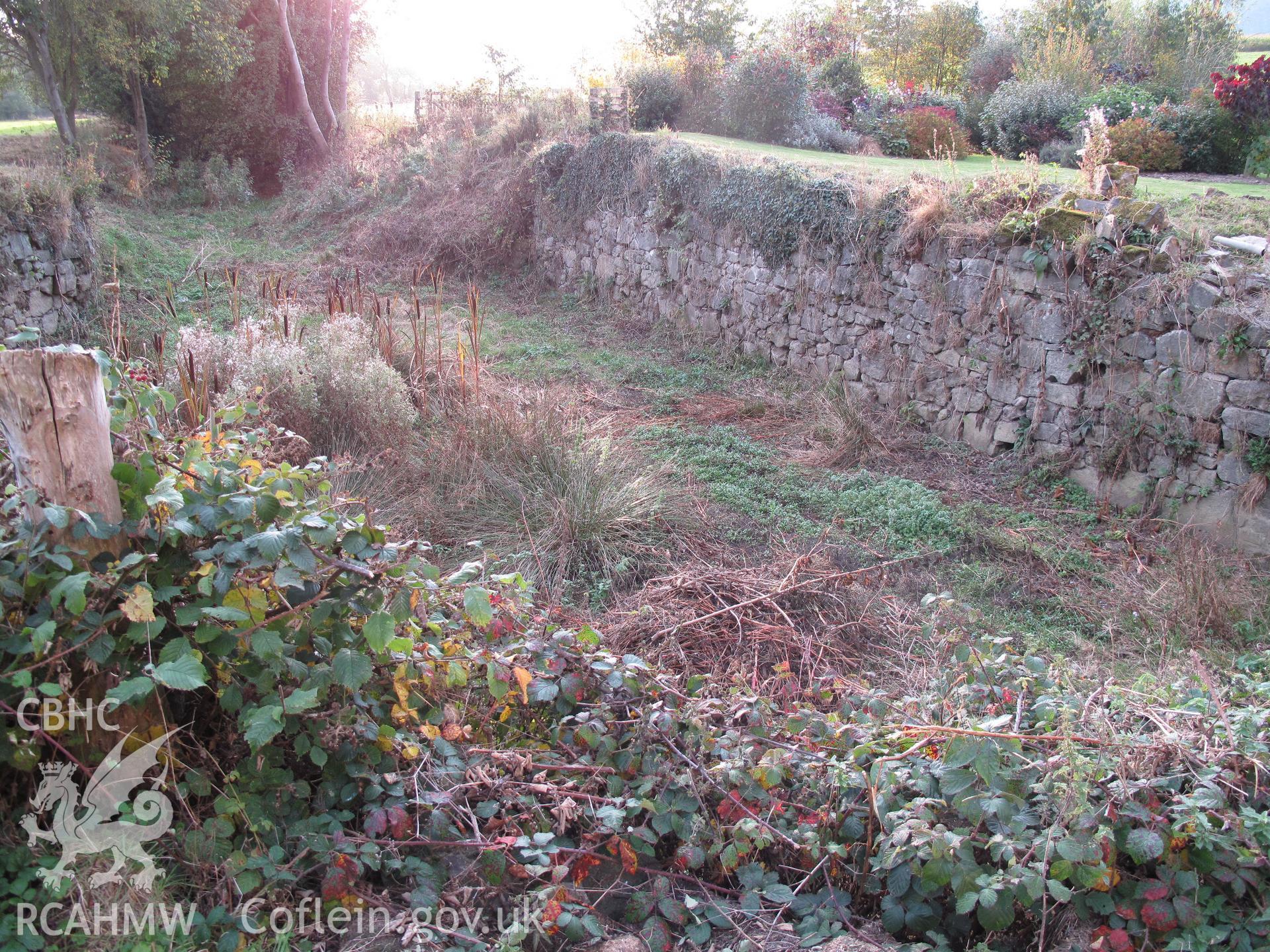 Headrace channel at Pontysgawrhyd Mill from the east, taken by Hilary Malaws on 17 October 2009.