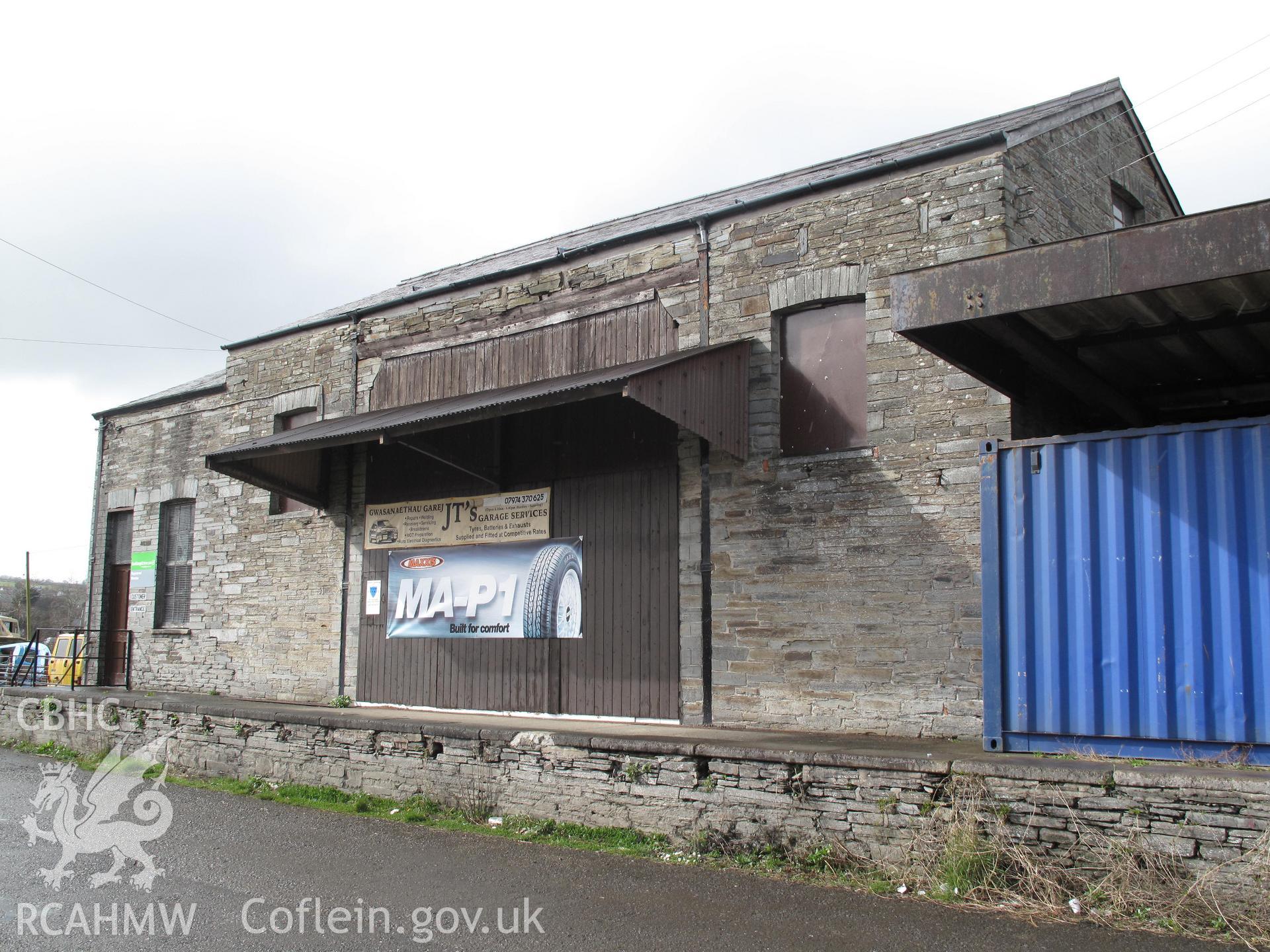 Goods Shed, Cardigan Railway Station, from the southeast, taken by Brian Malaws on 14 April 2010.