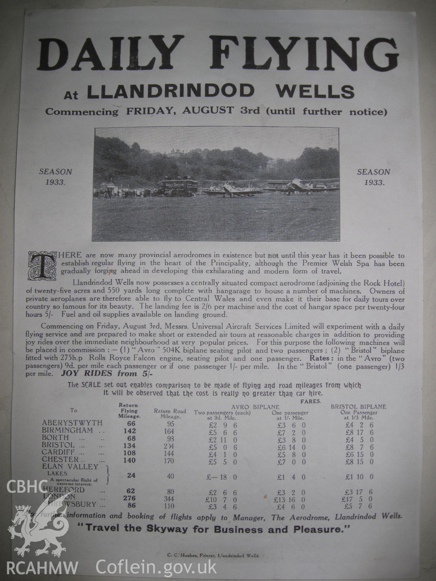 Poster of the Aerodrome at Llandrindod Wells; currently on display in the Cycle Museum, Llandrindod Wells.