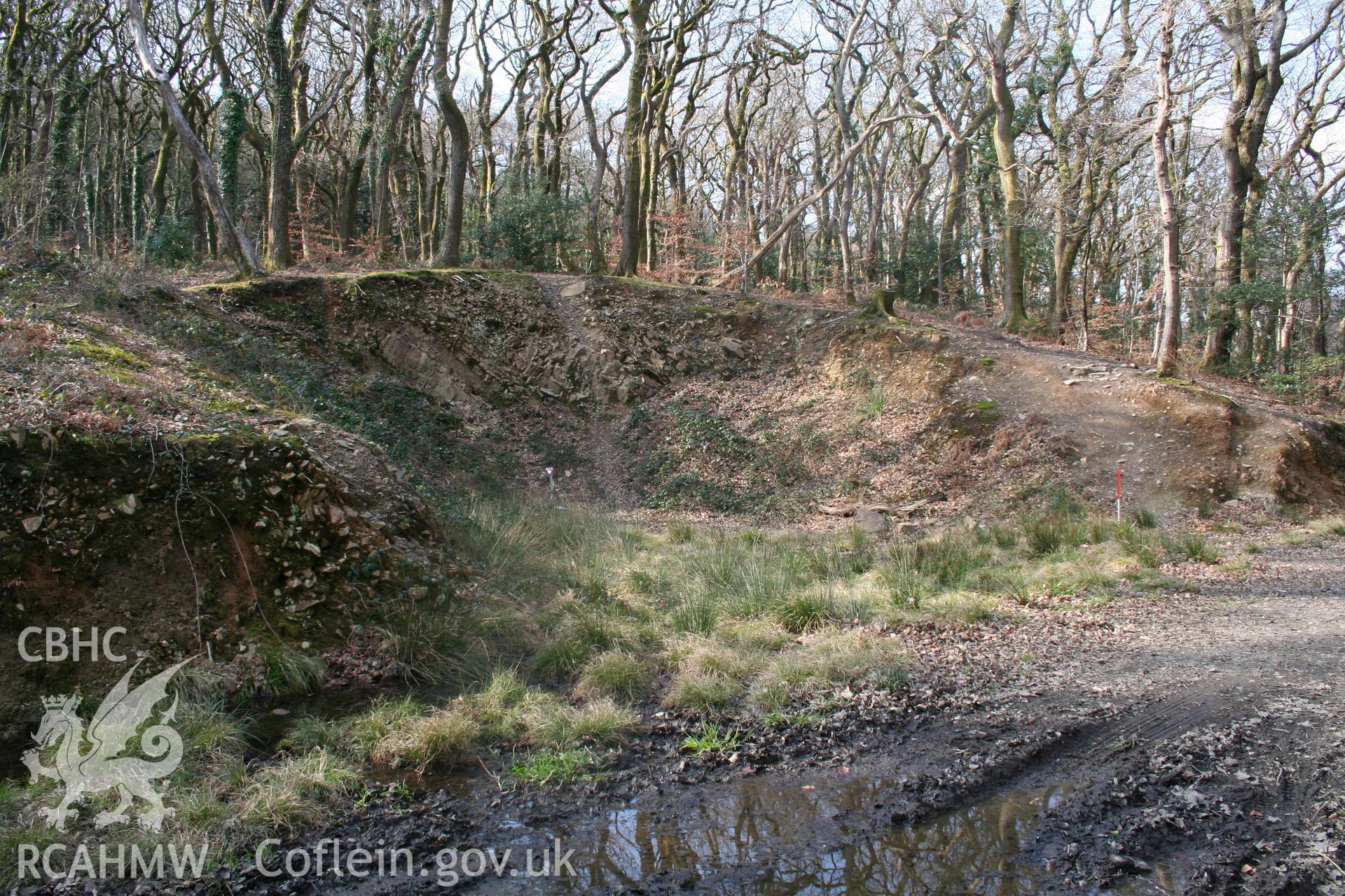 View of quarry from the south-east; 1m scale at edge of trackway.