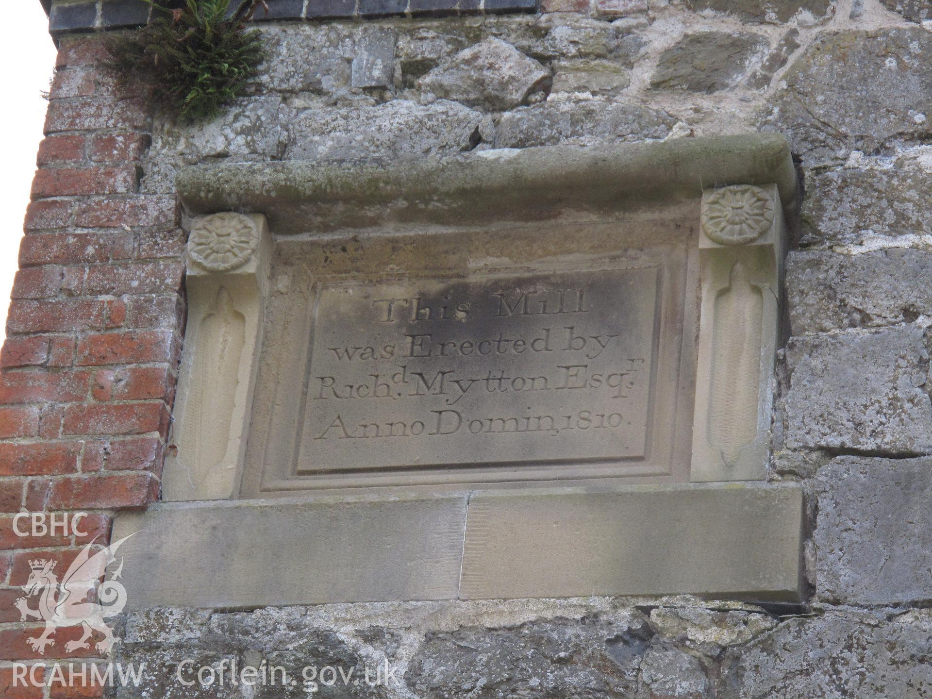 Wall tablet on Pontysgawrhyd Mill, taken by Hilary Malaws on 17 October 2009.