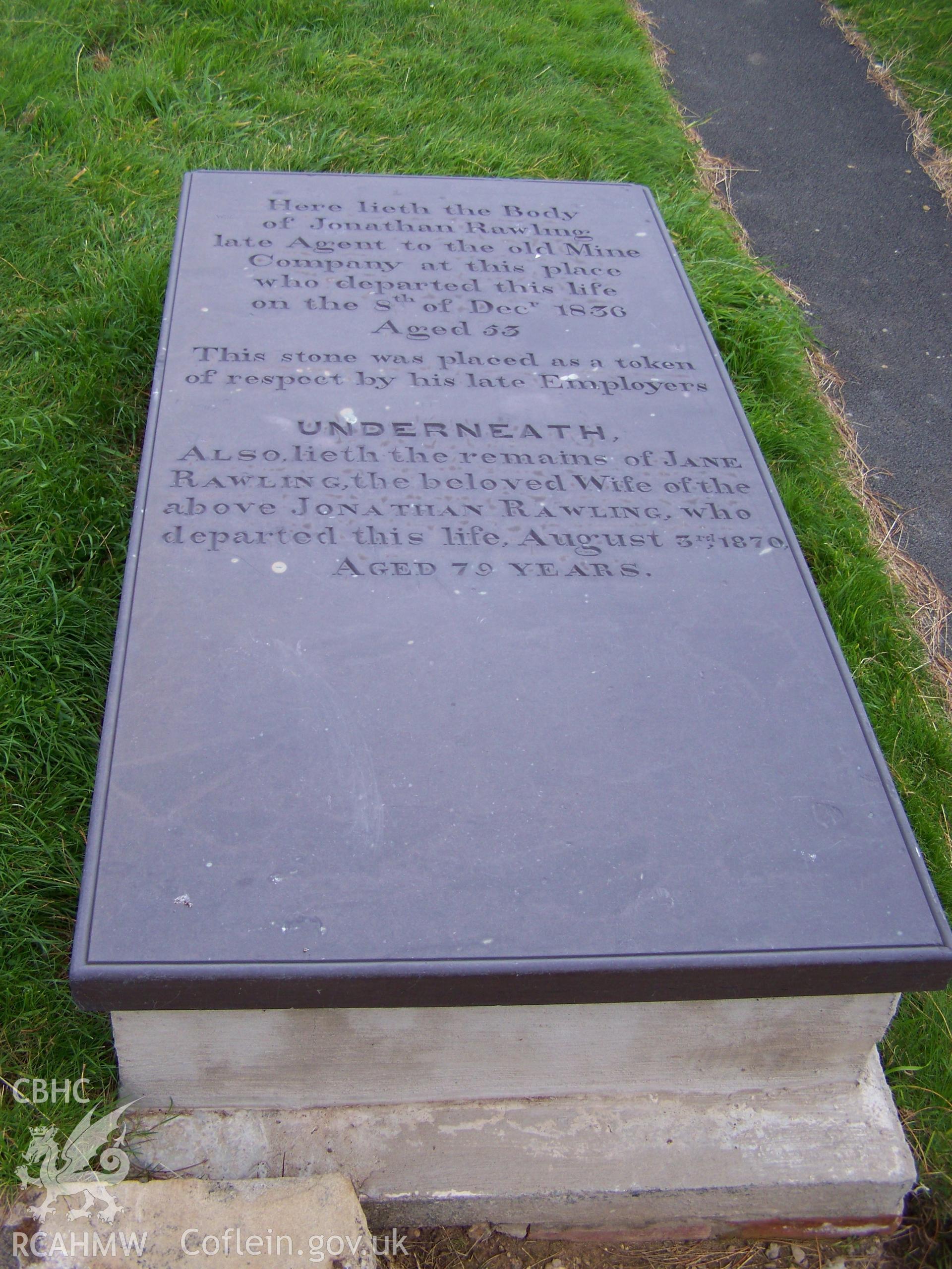 Slate-topped table tomb of Jonathan Rawlings, agent for the Mine Company, who died in 1850 (also his wife Jane, died 1870).