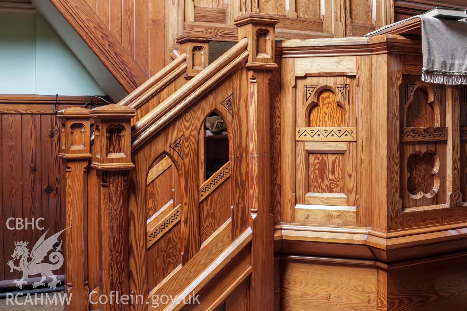 Detail of woodwork decoration on Sedd Fawr