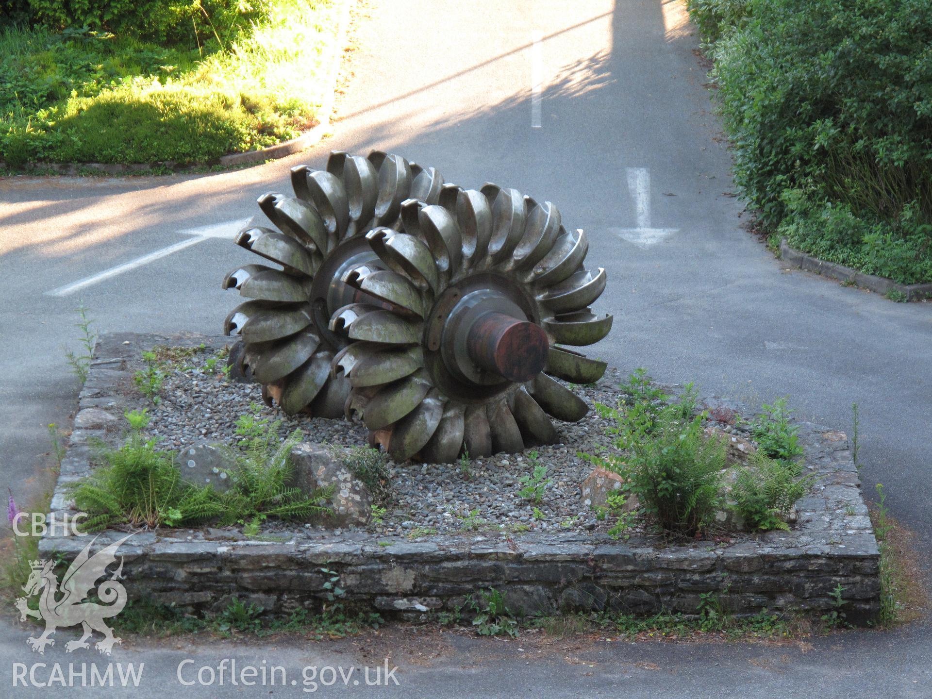 Pelton type turbine runner in the car park at Maentwrog Hydro Power Station.