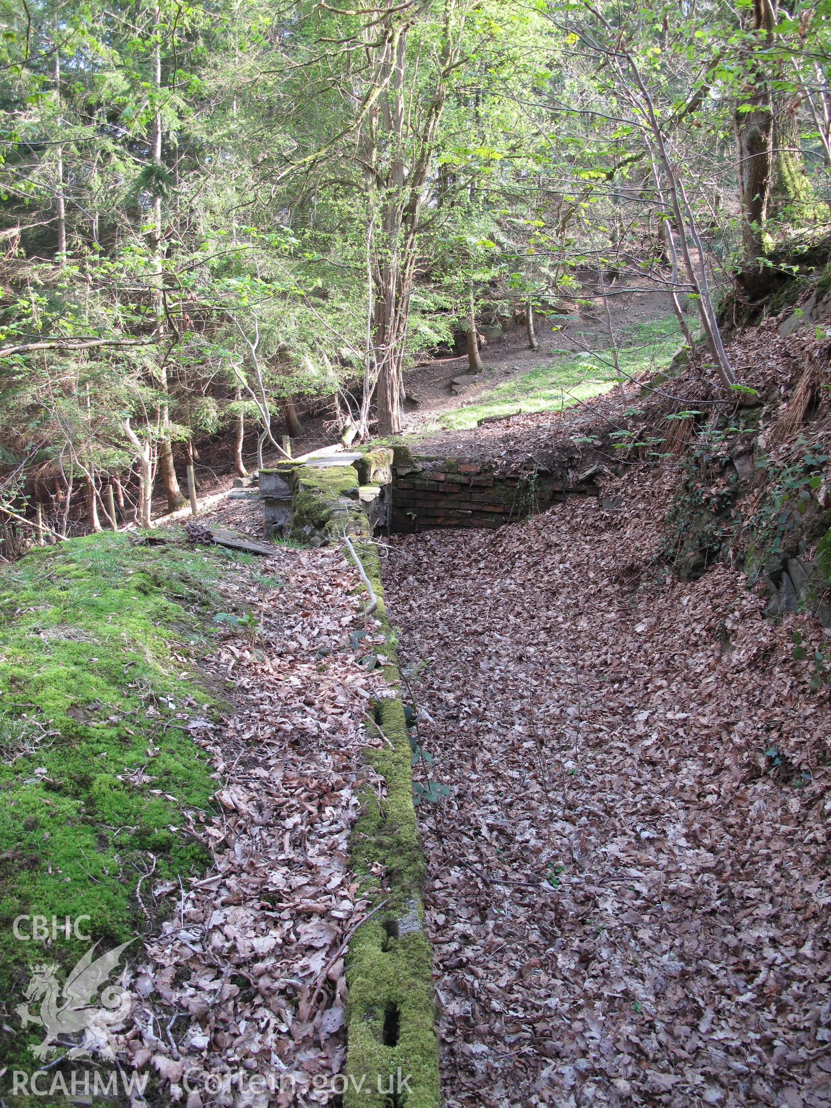 Leat for Pant-y-gynnau water wheel, from the northwest, taken by Brian Malaws on 18 April 2009.