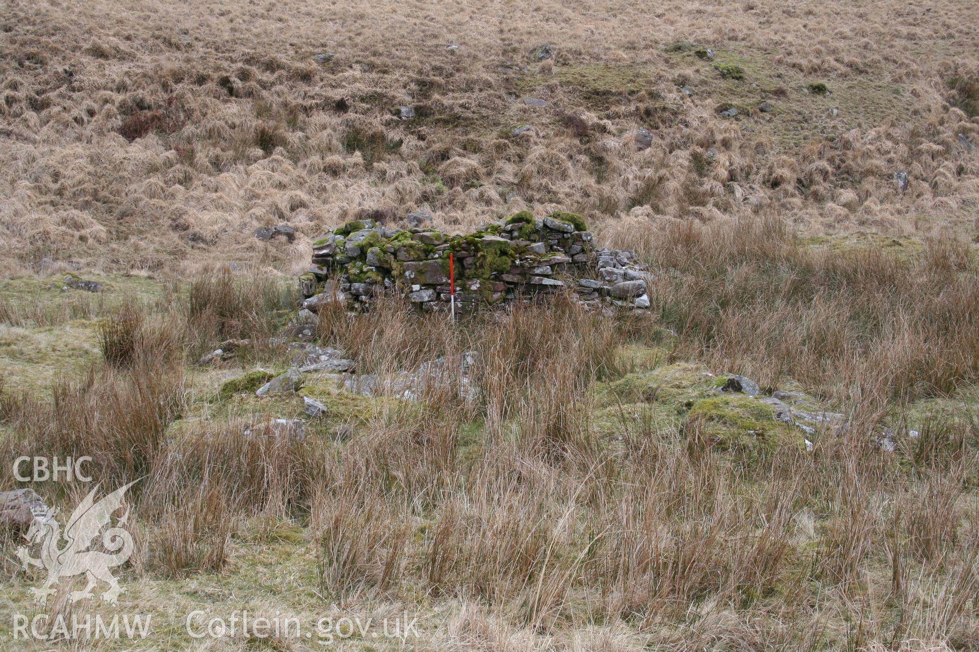 Building seen from the west showing wall of east bay; 1m scale.