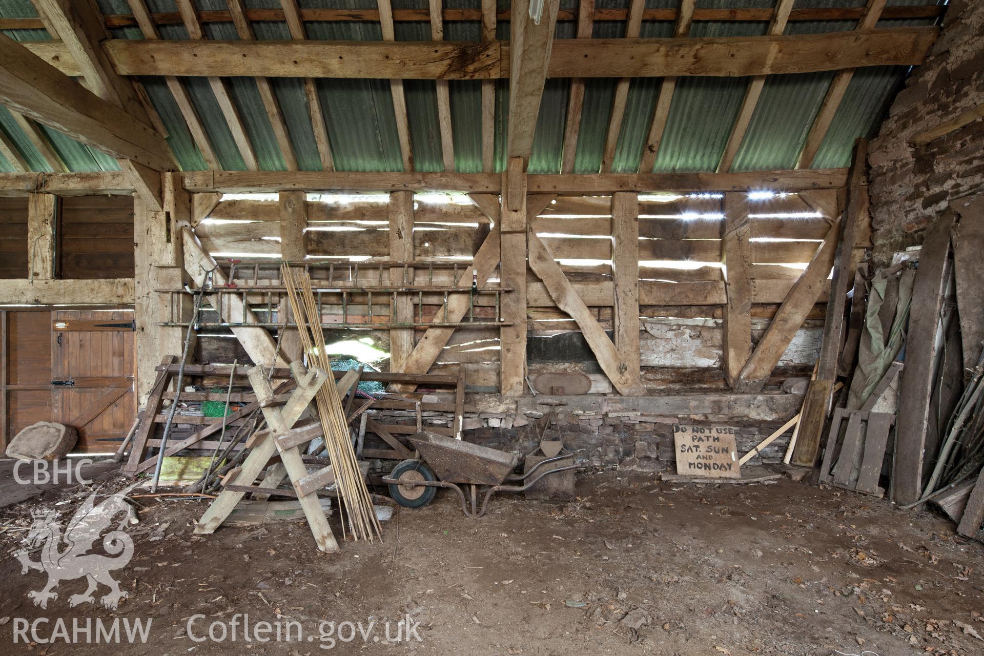 Barn, interior from the southwest. Little Llwygy, Iain Wright 12/01/2012.