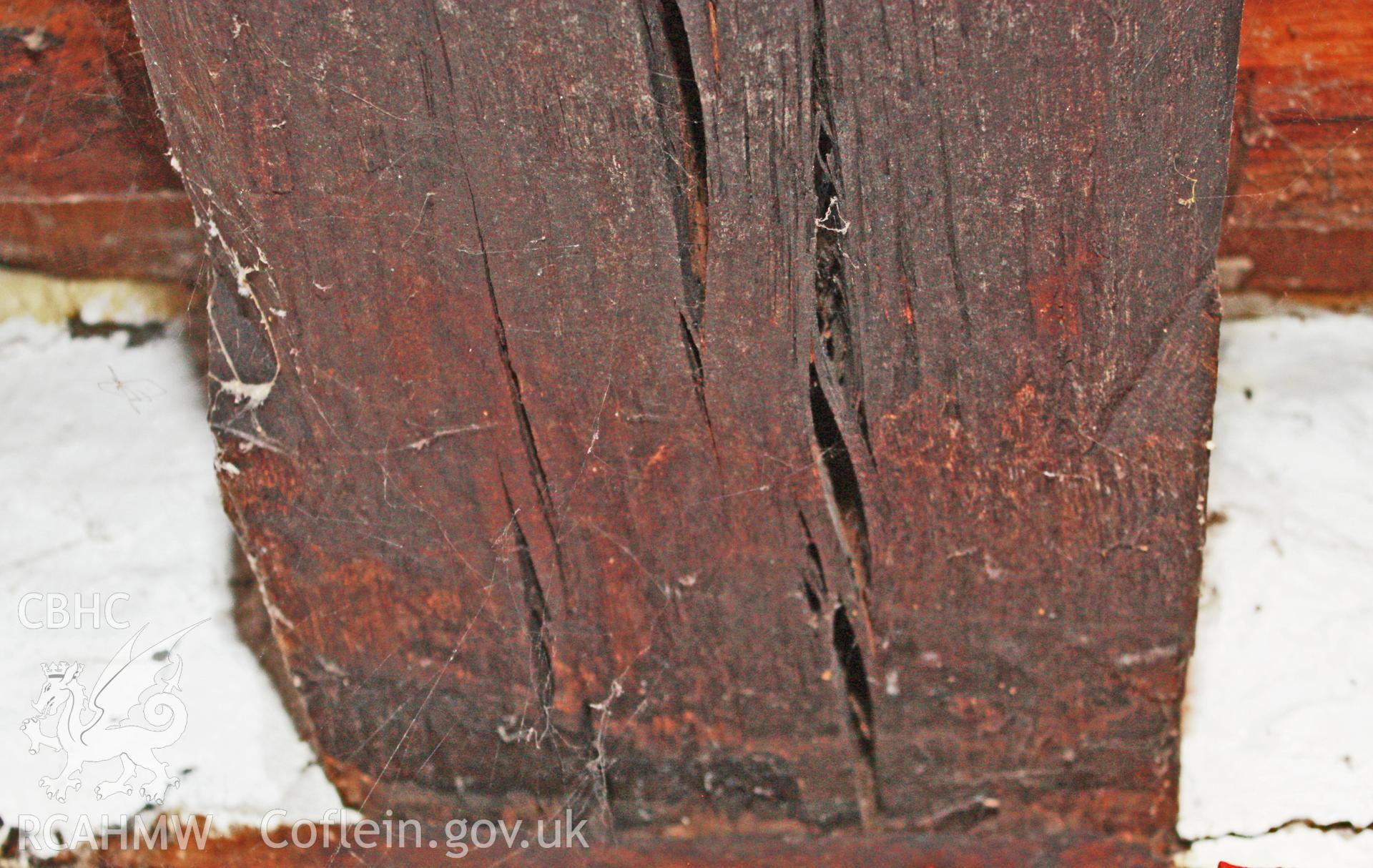 Glantywi House bakehouse, interior view, ceiling beam stop.