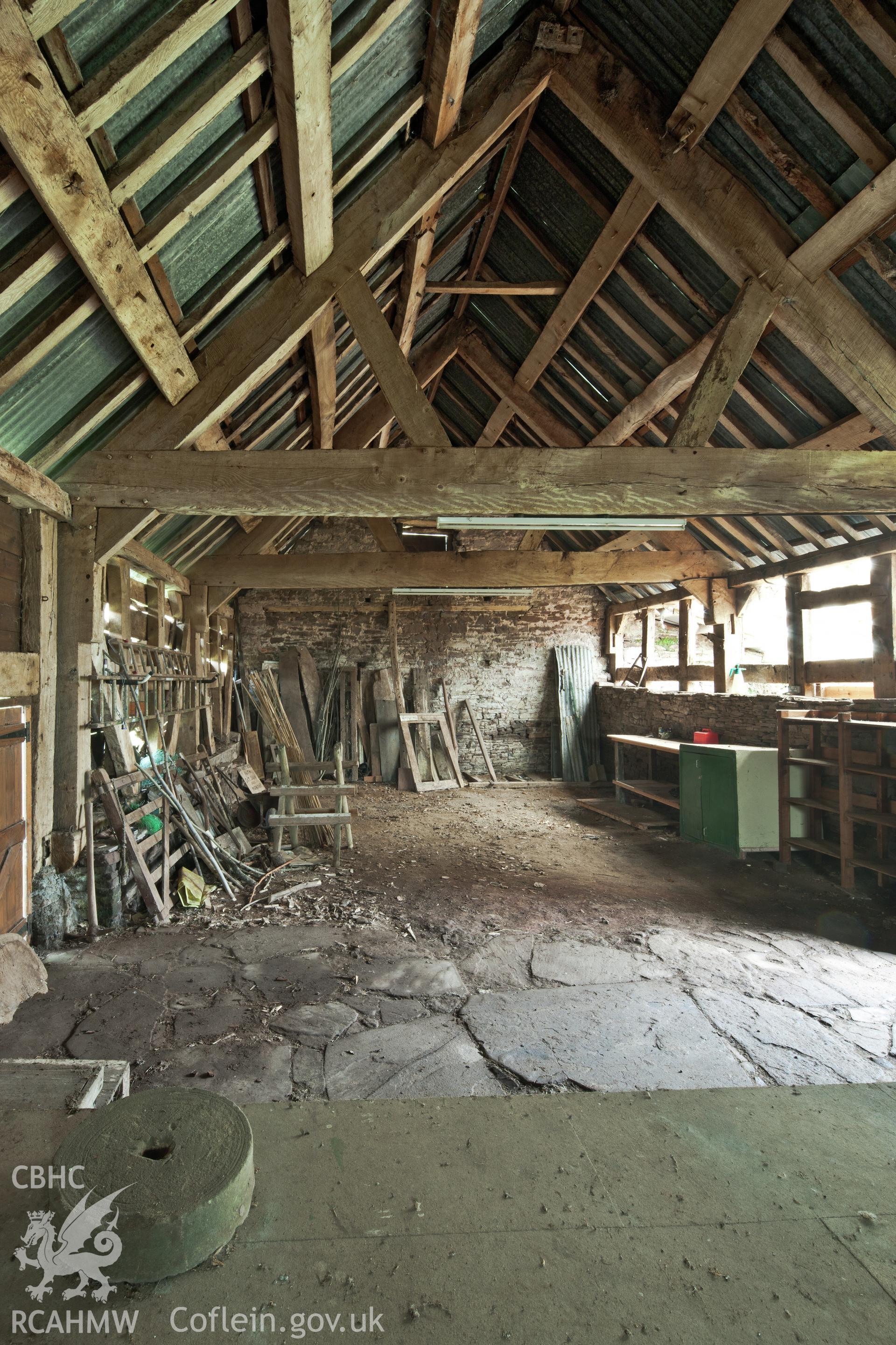 Barn, interior from the northwest.  Little Llwygy, Iain Wright 12/01/2012.