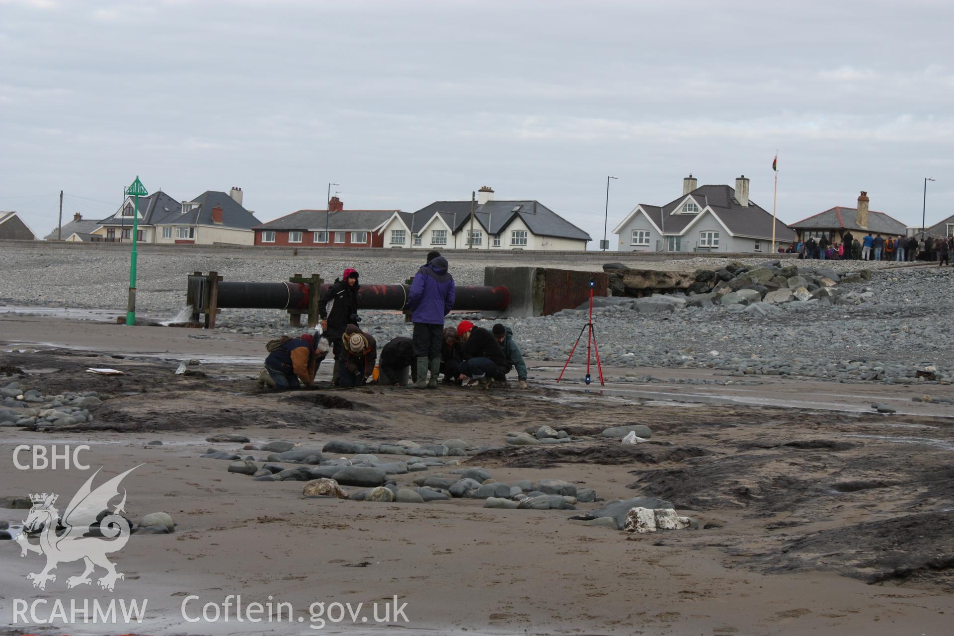 Borth submerged forest (between RNLI lifeboat station and upper Borth), looking east towards High Street. Showing peat exposure partially excavated by Lampeter university