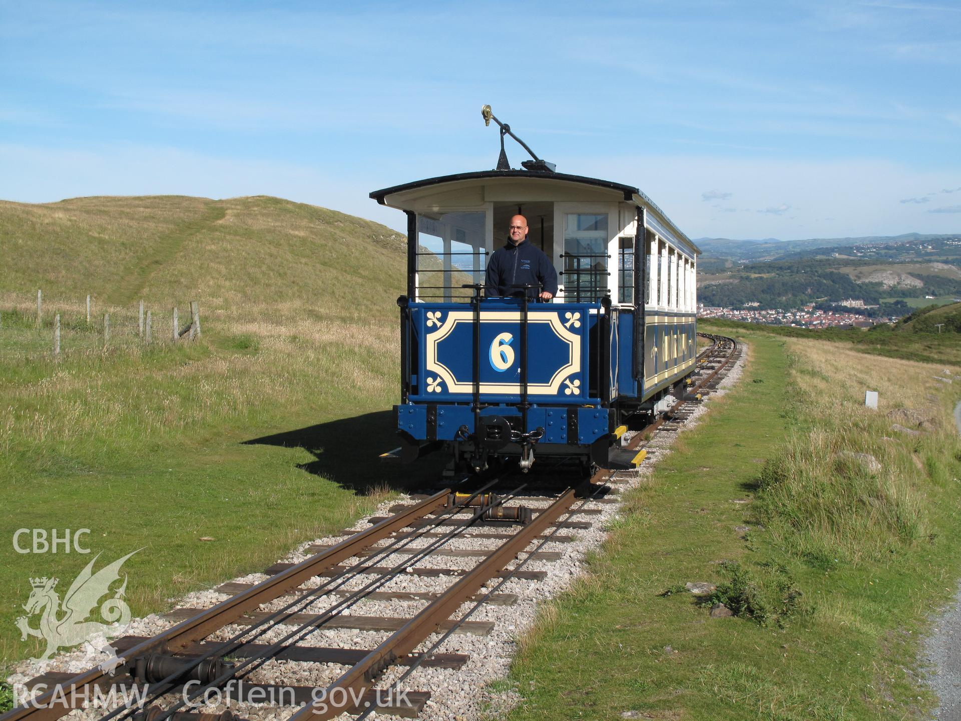 Tram approaching the Summit Station, Great Orme Tramway, Llandudno, taken by Brian Malaws on 23 July 2011.