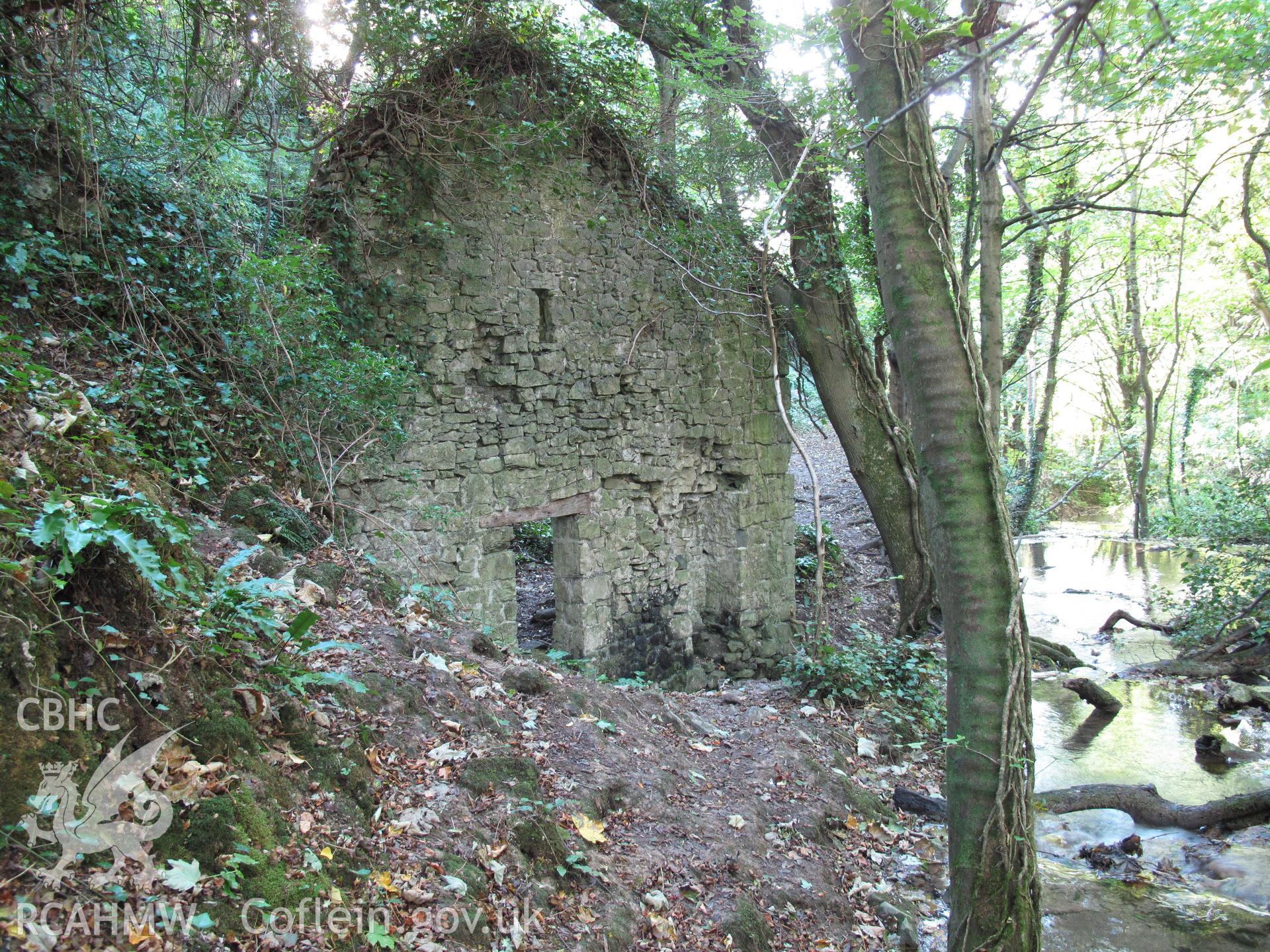 North gable wall, Blaen-y-cwm Corn Mill, from the northeast, taken by Brian Malaws on 20 October 2010.
