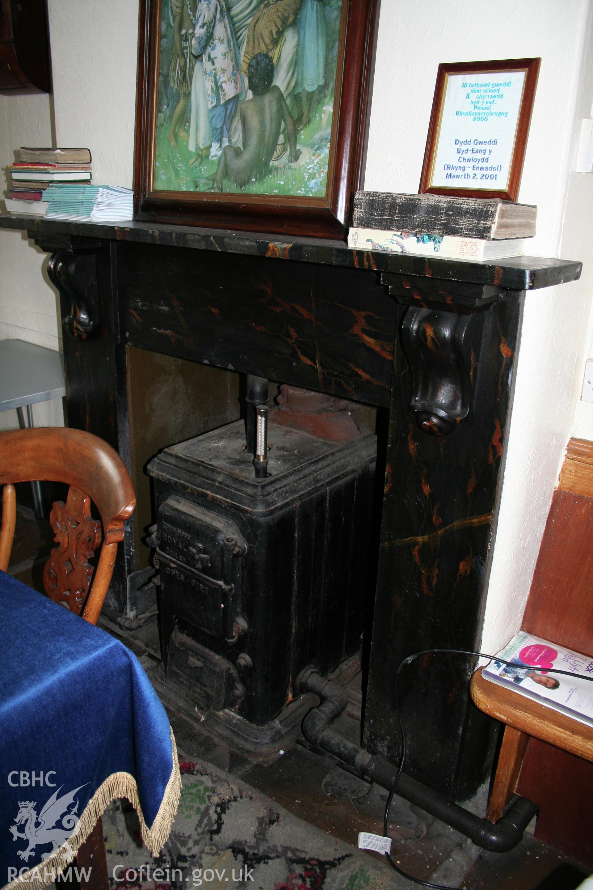 Internal, vestry log/coal burner & fireplace