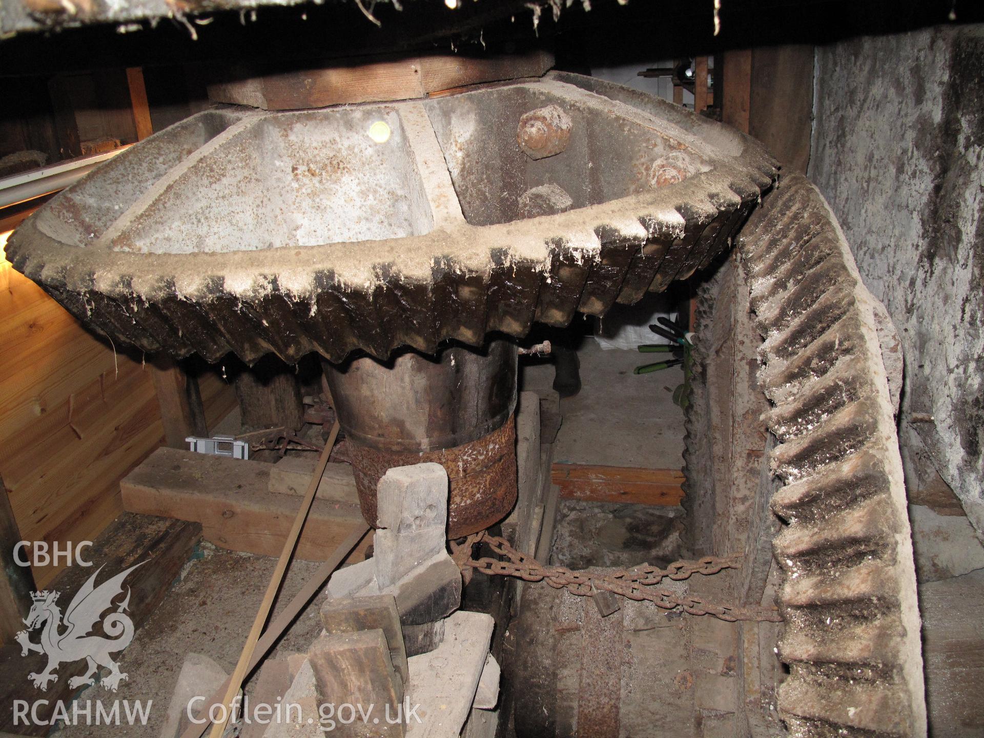 Pit-wheel and wallower, Rhyd-hir Corn Mill, taken by Brian Malaws on 16 October 2010.