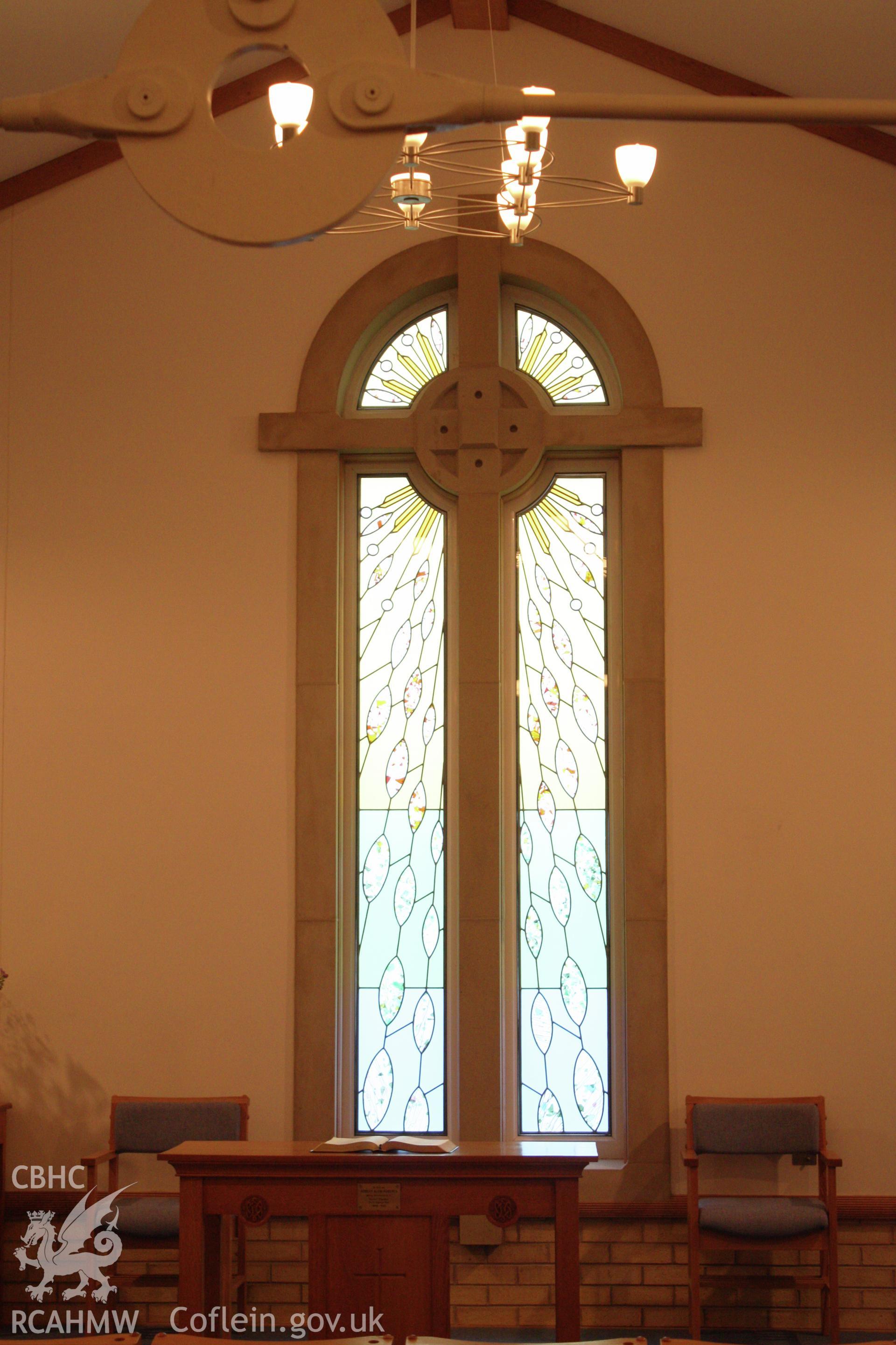 Internal, stained glass window and mullion detail