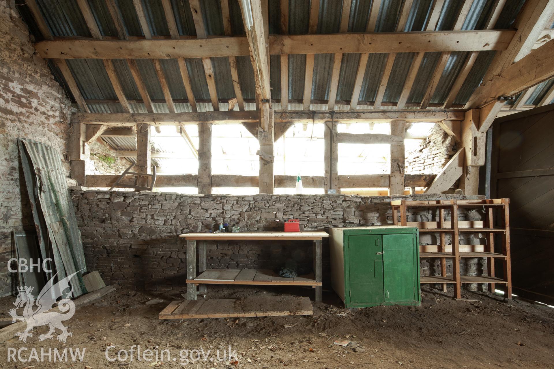 Barn, interior from the northeast. Little Llwygy, Iain Wright 12/01/2012.