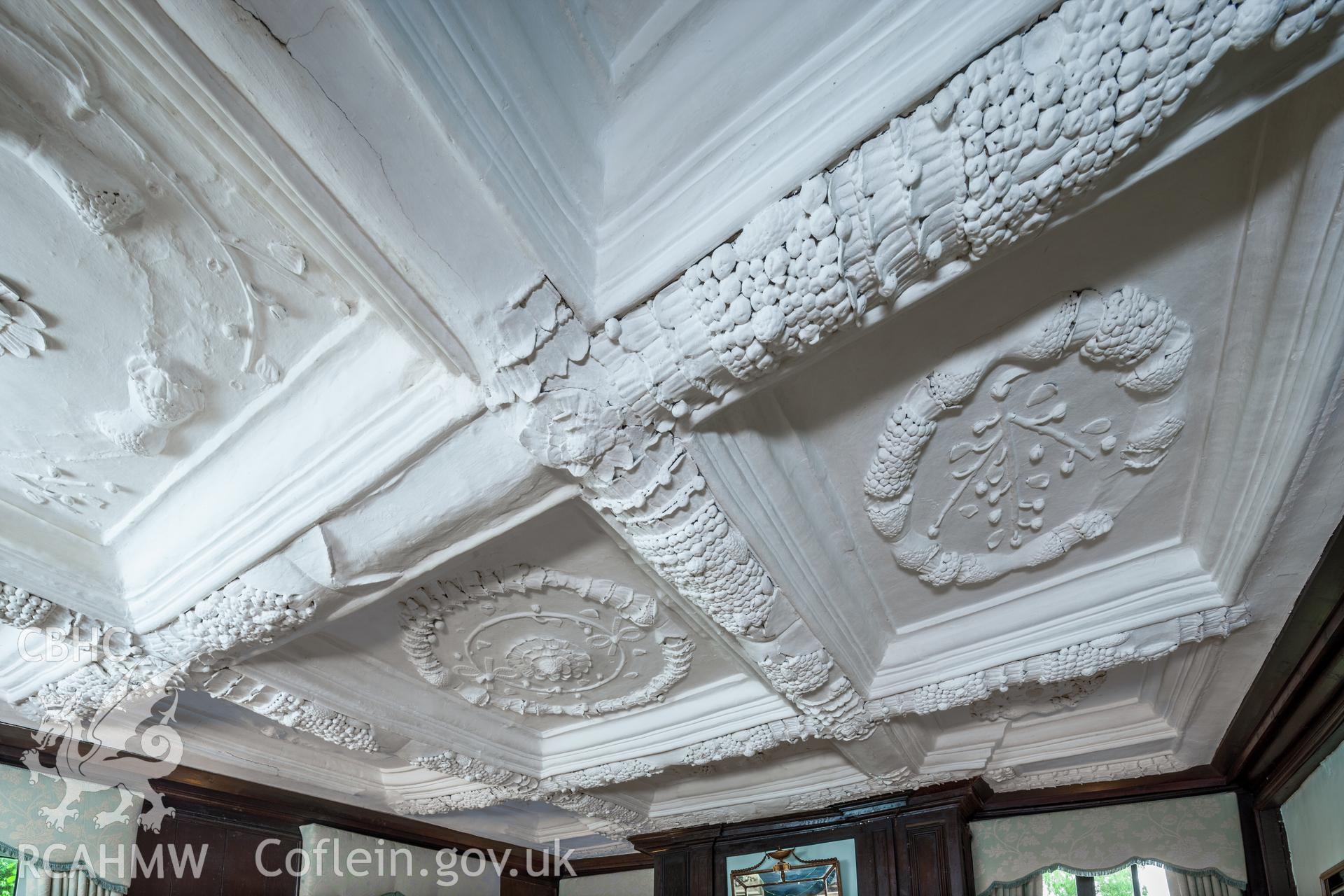 Interior of parlour with decorated plaster ceiling, detail.