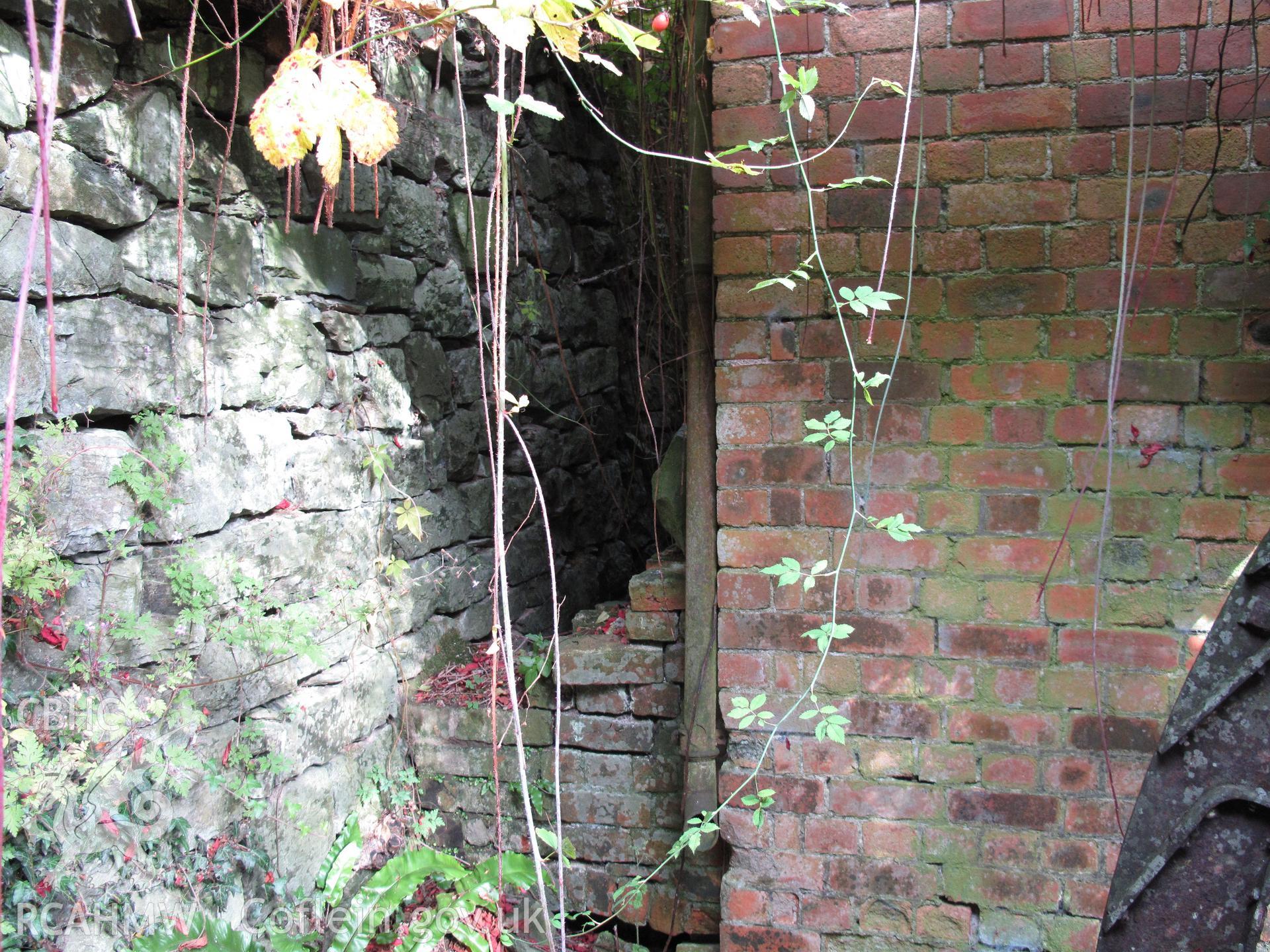 Pond retaining wall at Llifior Mill, Garthmyl, taken by Hilary Malaws on 17 October 2009.