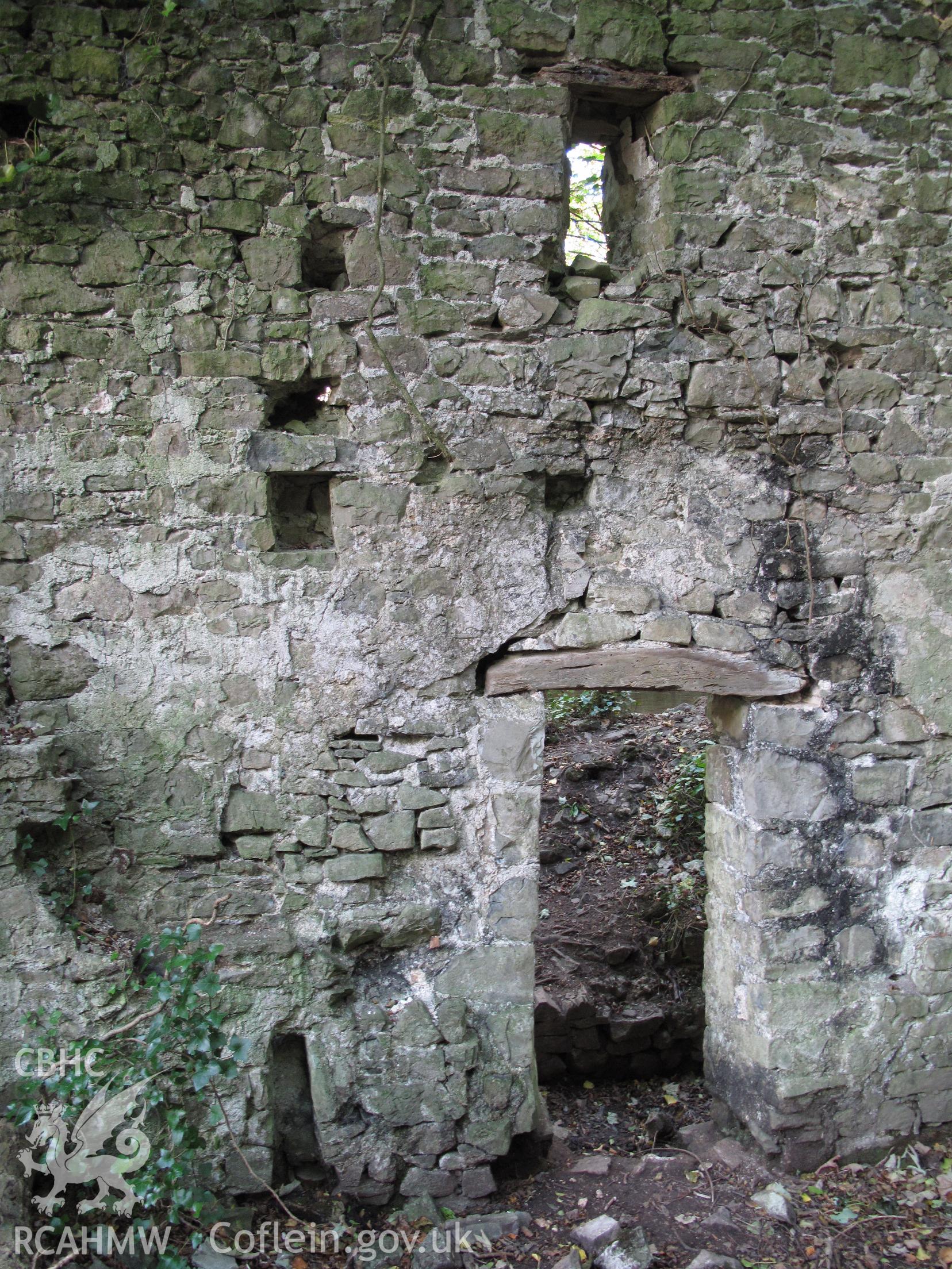 Interior of north gable wall, Blaen-y-cwm Corn Mill, taken by Brian Malaws on 20 October 2010.