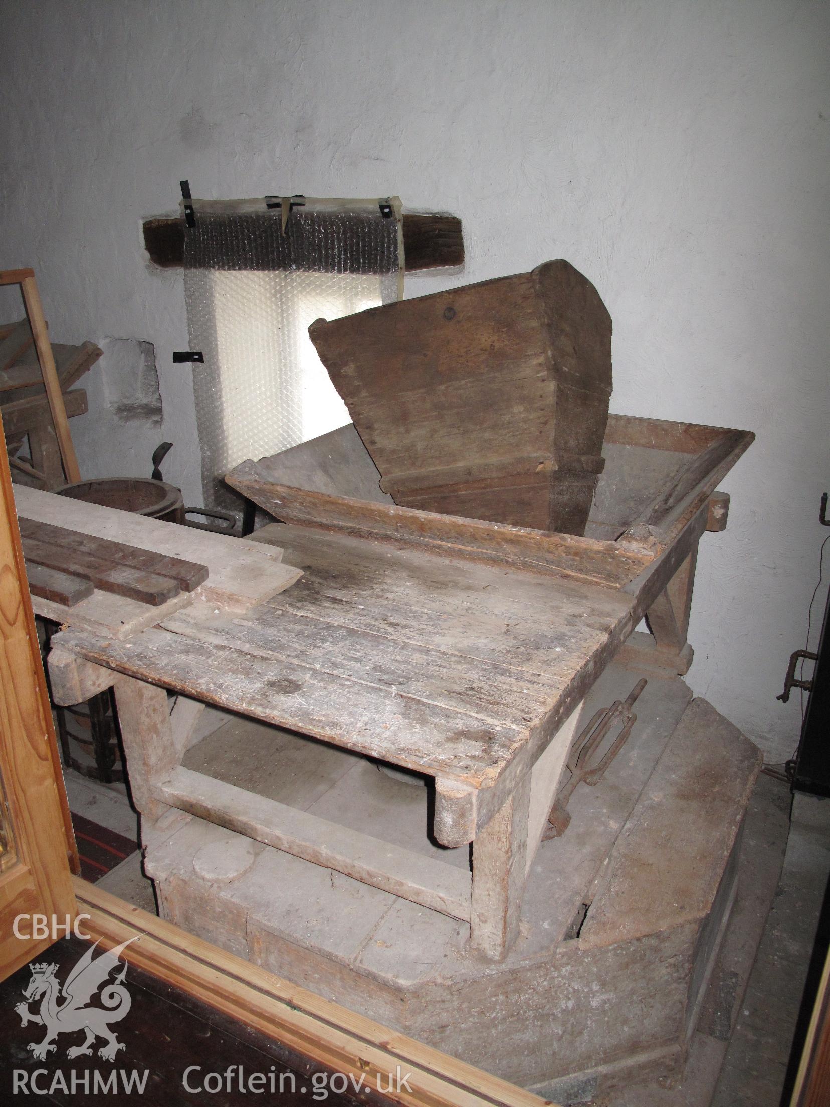 Stone tun cover and chute, Rhyd-hir Corn Mill, taken by Brian Malaws on 16 October 2010.