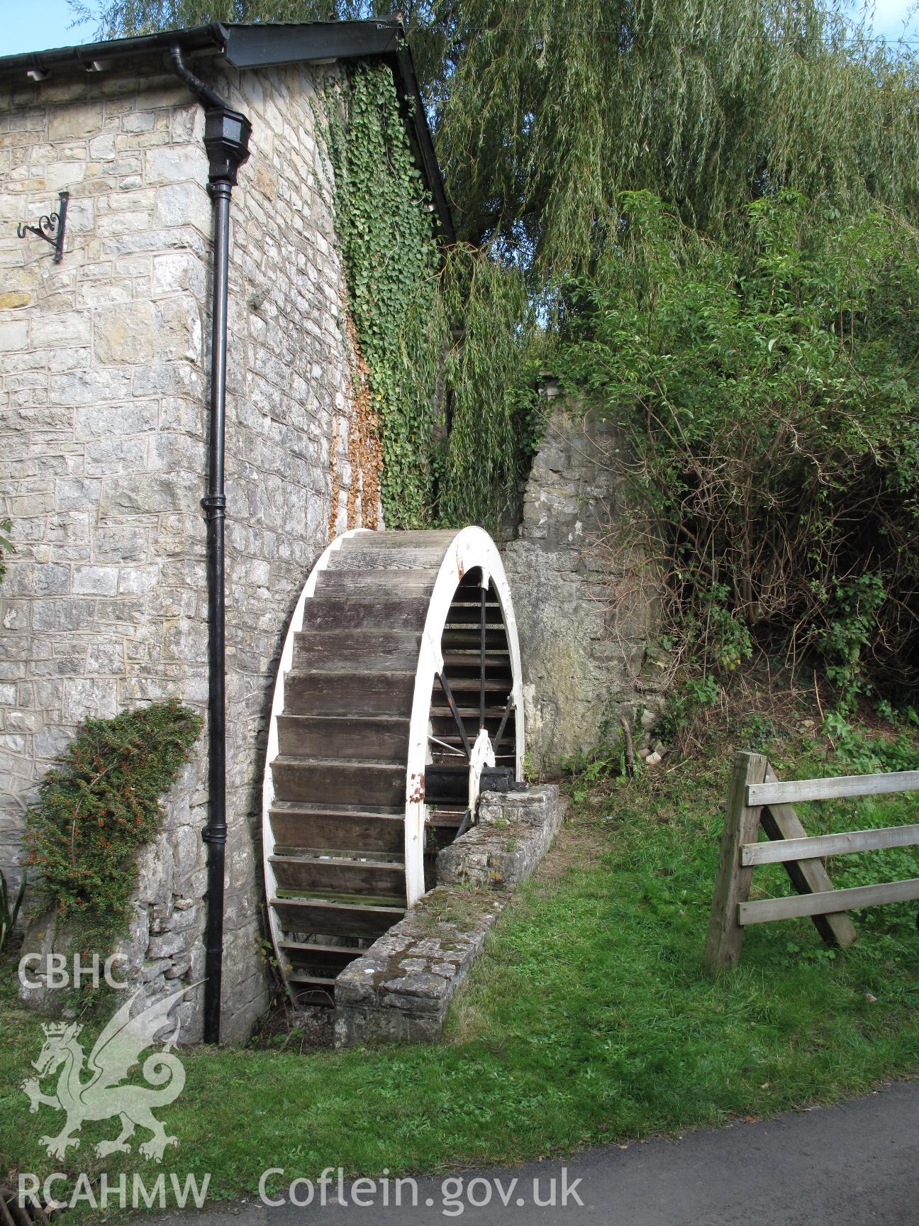 Llancarfan Corn Mill overshot waterwheel from the west.