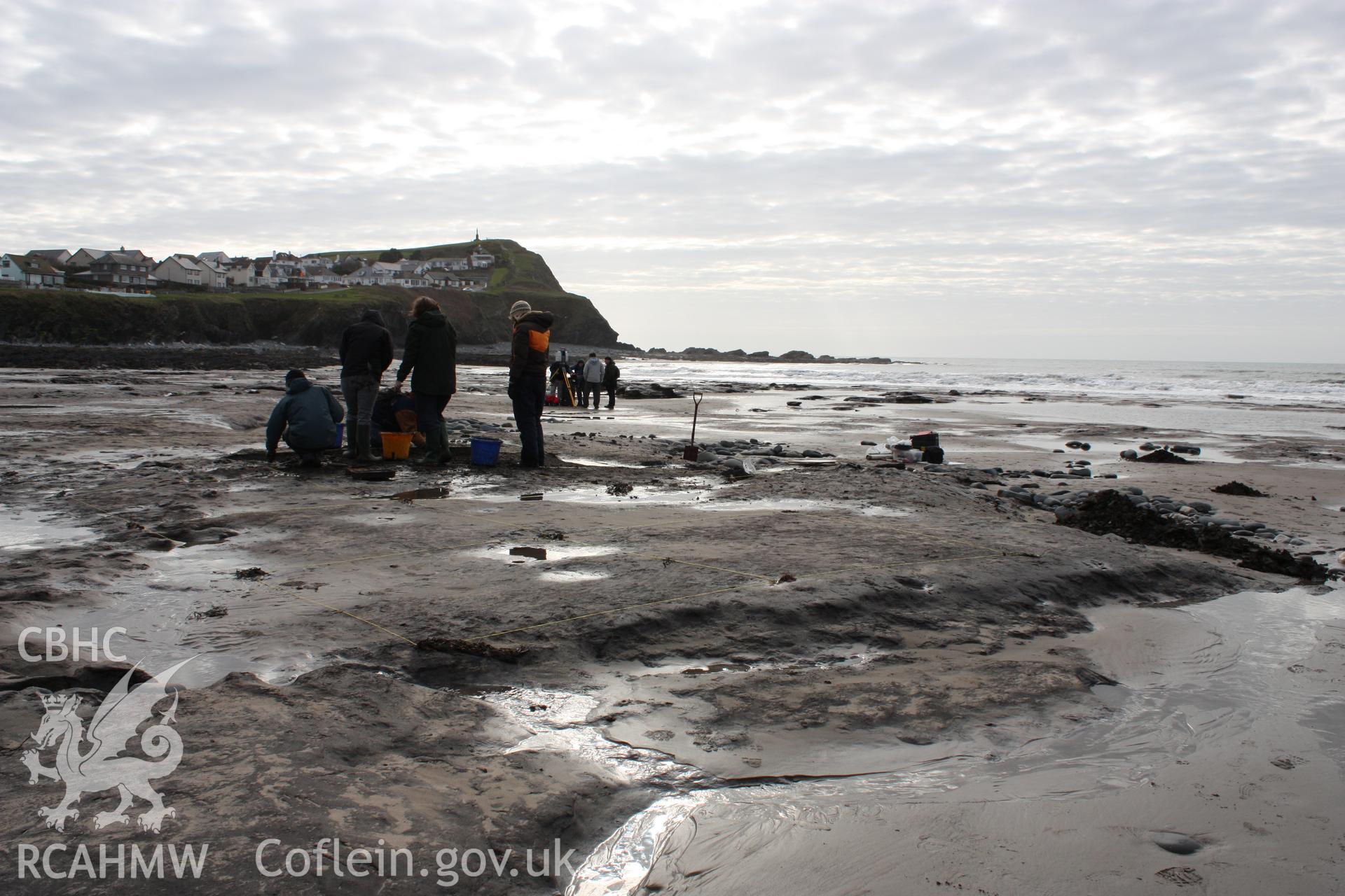 Borth submerged forest (between RNLI lifeboat station and upper Borth), looking south towards Clarach. Showing northern edge of the peat exposure partially excavated by Lampeter University