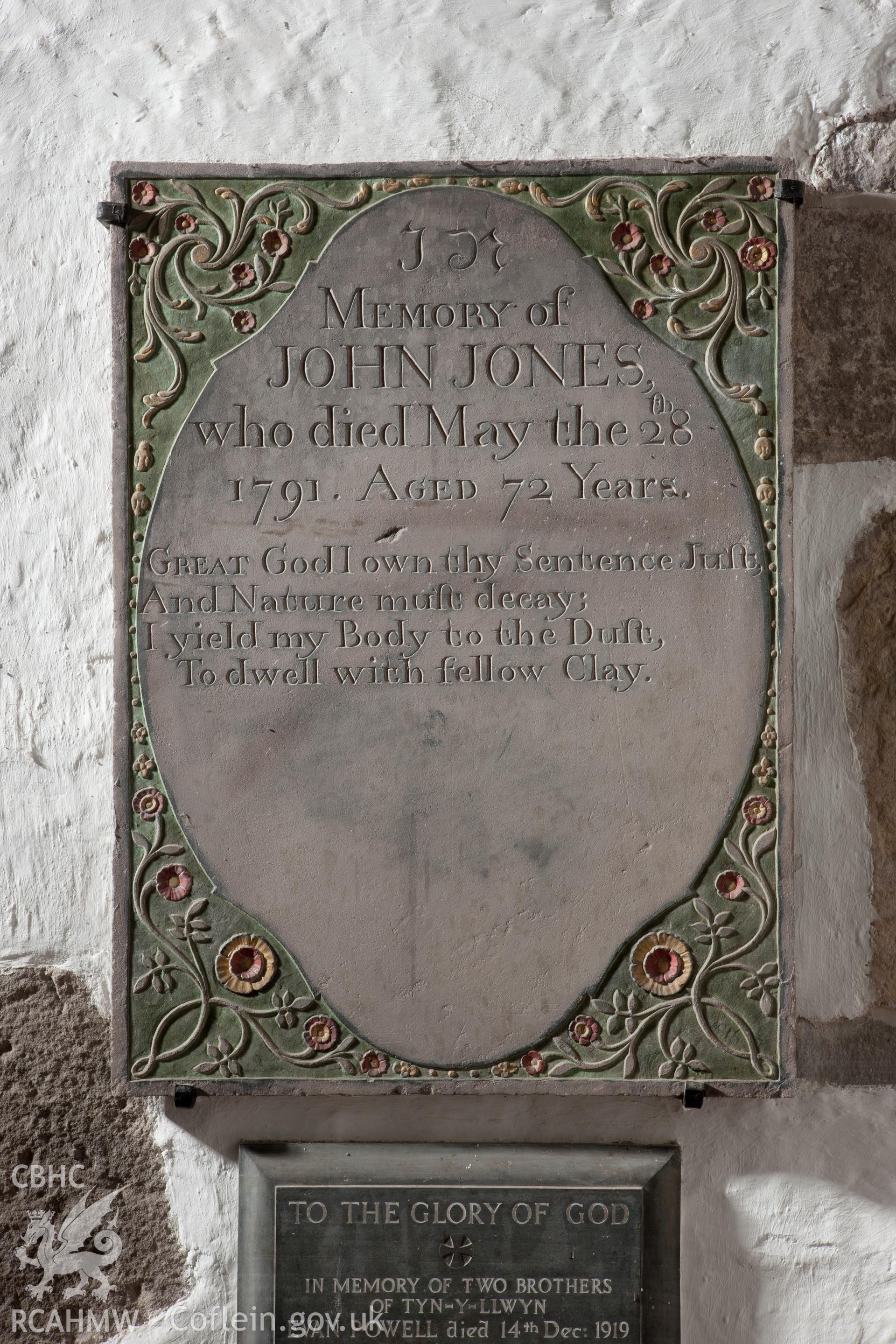 Memorial plaque to John Jones (d. 1791) at St. Ishow's Church, Partrishow. Photographed by Iain Wright on 3 July 2012.