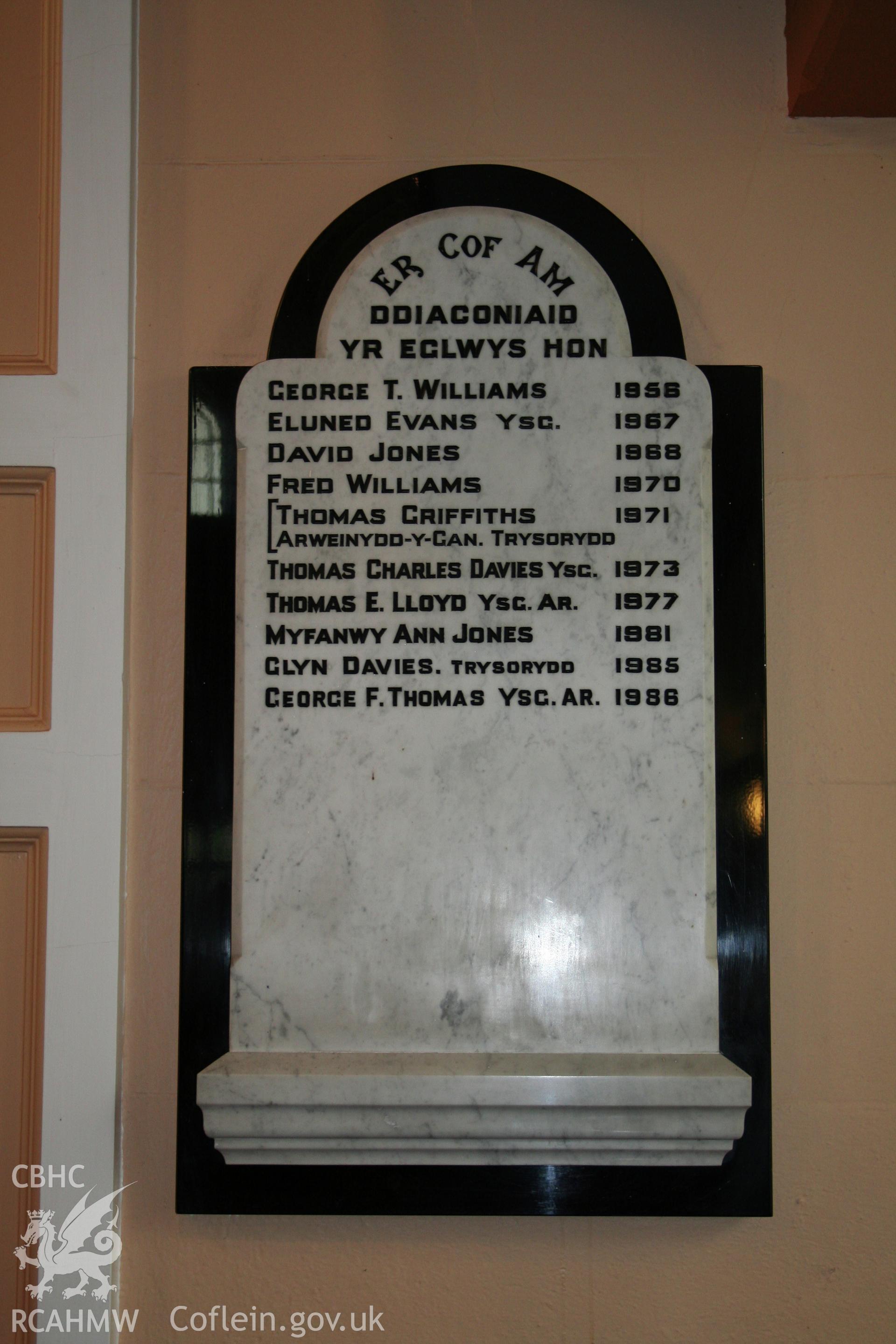 Internal, plaque commemorating ministers